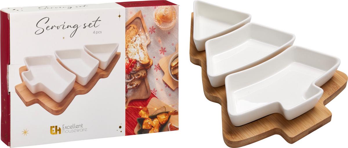 Set boluri pentru servire Blanche - alb/culoare natur, Basics, ceramică/lemn (20/27,6cm)