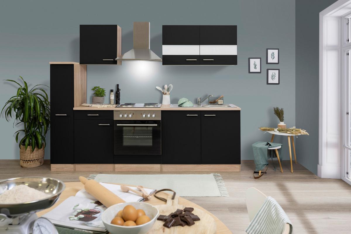 Küchenblock Merle mit Geräten ca. 240 cm Schwarz - Edelstahlfarben/Eichefarben, Basics, Holzwerkstoff/Metall (240cm) - Respekta