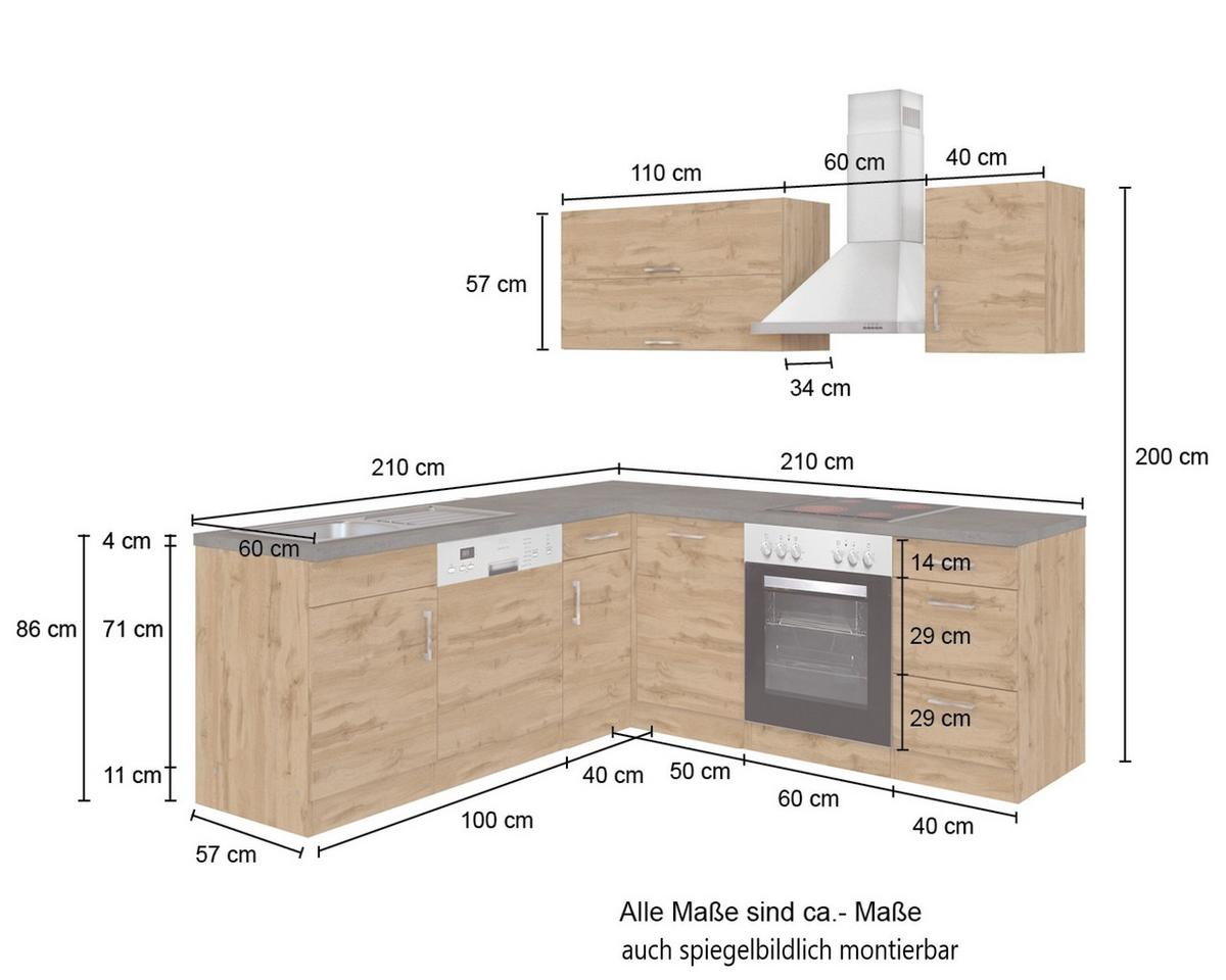 Eckküche Winkelblock mit Geräten ca. 210x210 cm Grau - Chromfarben/Anthrazit, MODERN, Holzwerkstoff/Metall (210/210cm) - Held
