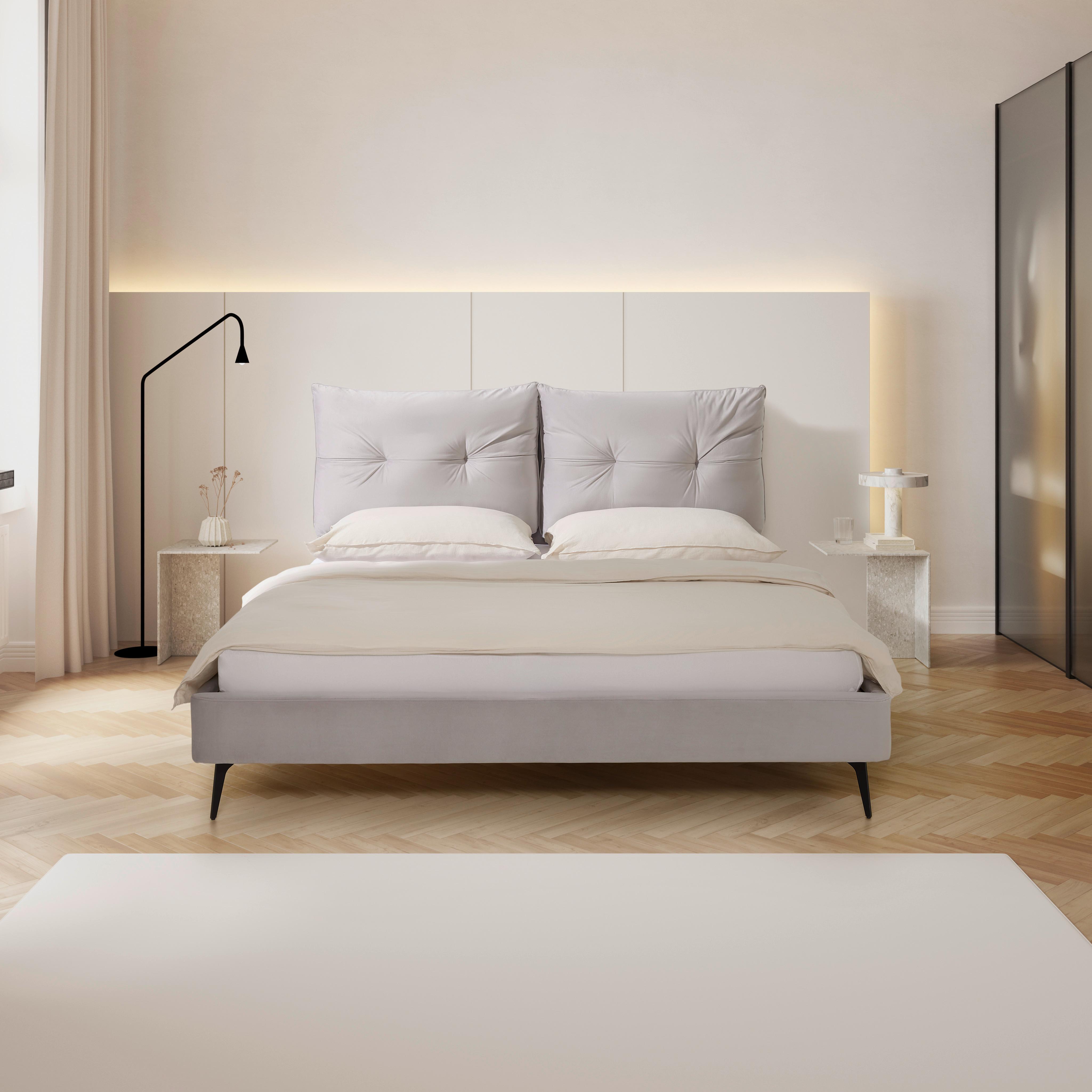 Oblazinjena Postelja Malea, Svetlo Siva, 180x200 - črna/naravne barve, Moderno, kovina/tekstil (180/200cm) - Bessagi Home