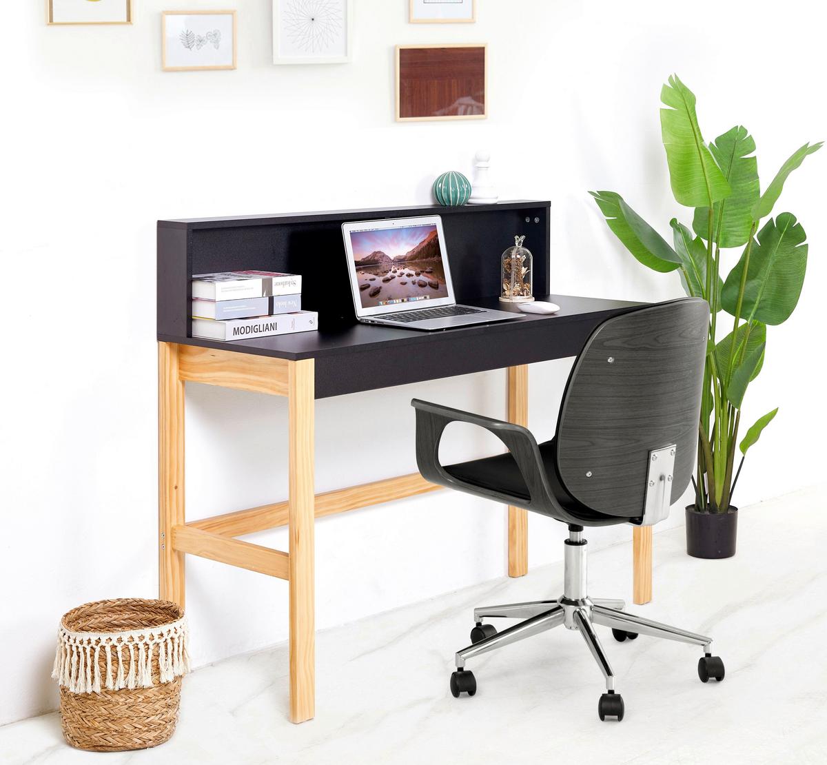 Schreibtisch inkl. Aufsatz Naturfarben/Schwarz - Schwarz/Naturfarben, Design, Holz/Holzwerkstoff (120/45/101cm) - Livetastic