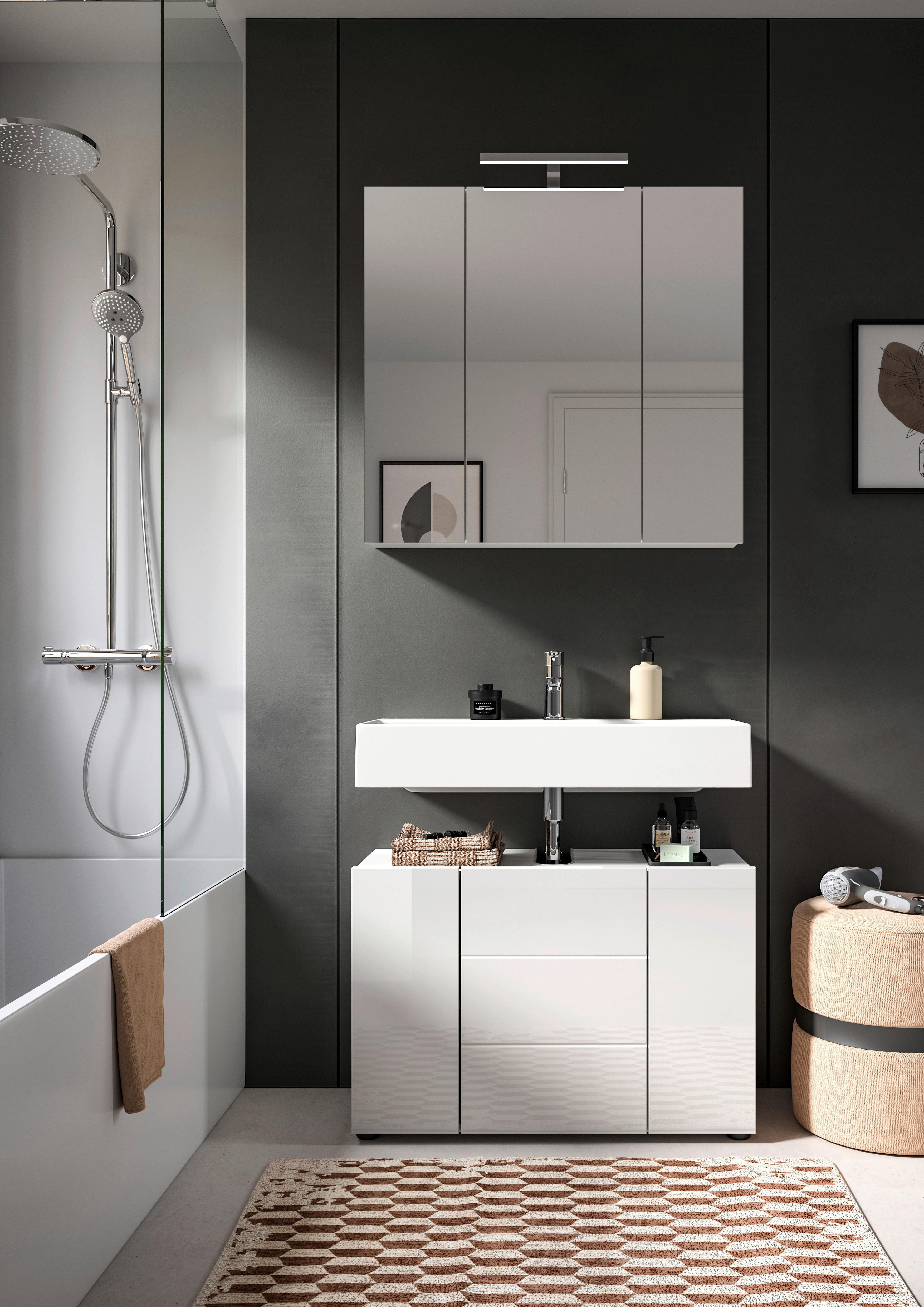 Badezimmer Vira mit LED ca. 82 cm 2-tlg. Weiß hochgl. - Weiß Hochglanz/Schwarz, MODERN, Holzwerkstoff/Kunststoff (82cm) - MID.YOU