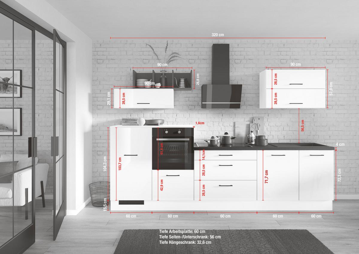 Küchenblock inkl. 5 E-Geräte IP4050 Weiß Hochglanz - Weiß Hochglanz/Schwarz, Trend, Holzwerkstoff/Metall (320cm) - Impuls