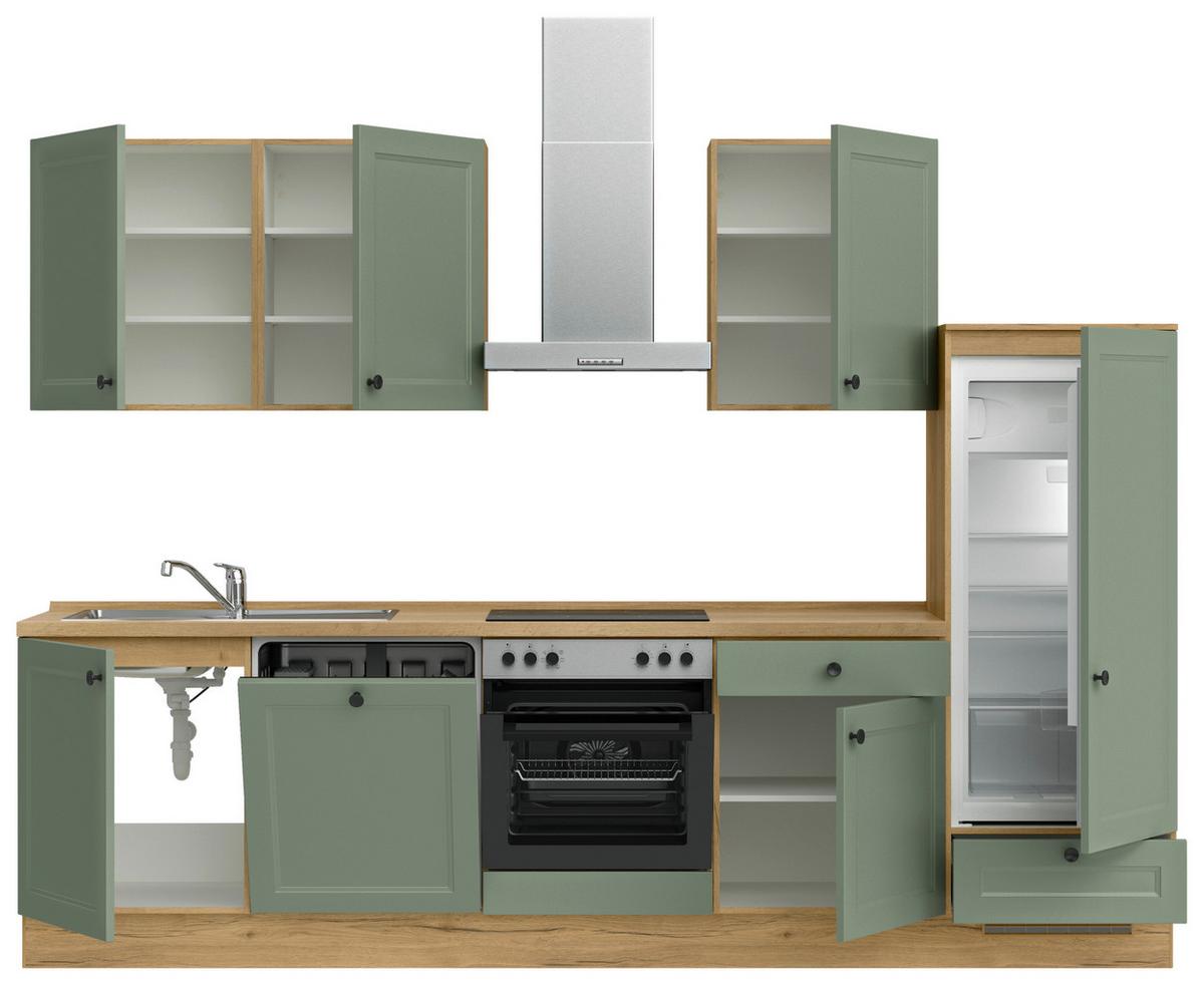 Küchenblock Cascada Low m. Geräten Schilfgrün - Schilfgrün/Eichefarben, MODERN, Holzwerkstoff/Metall (300cm) - Nobilia