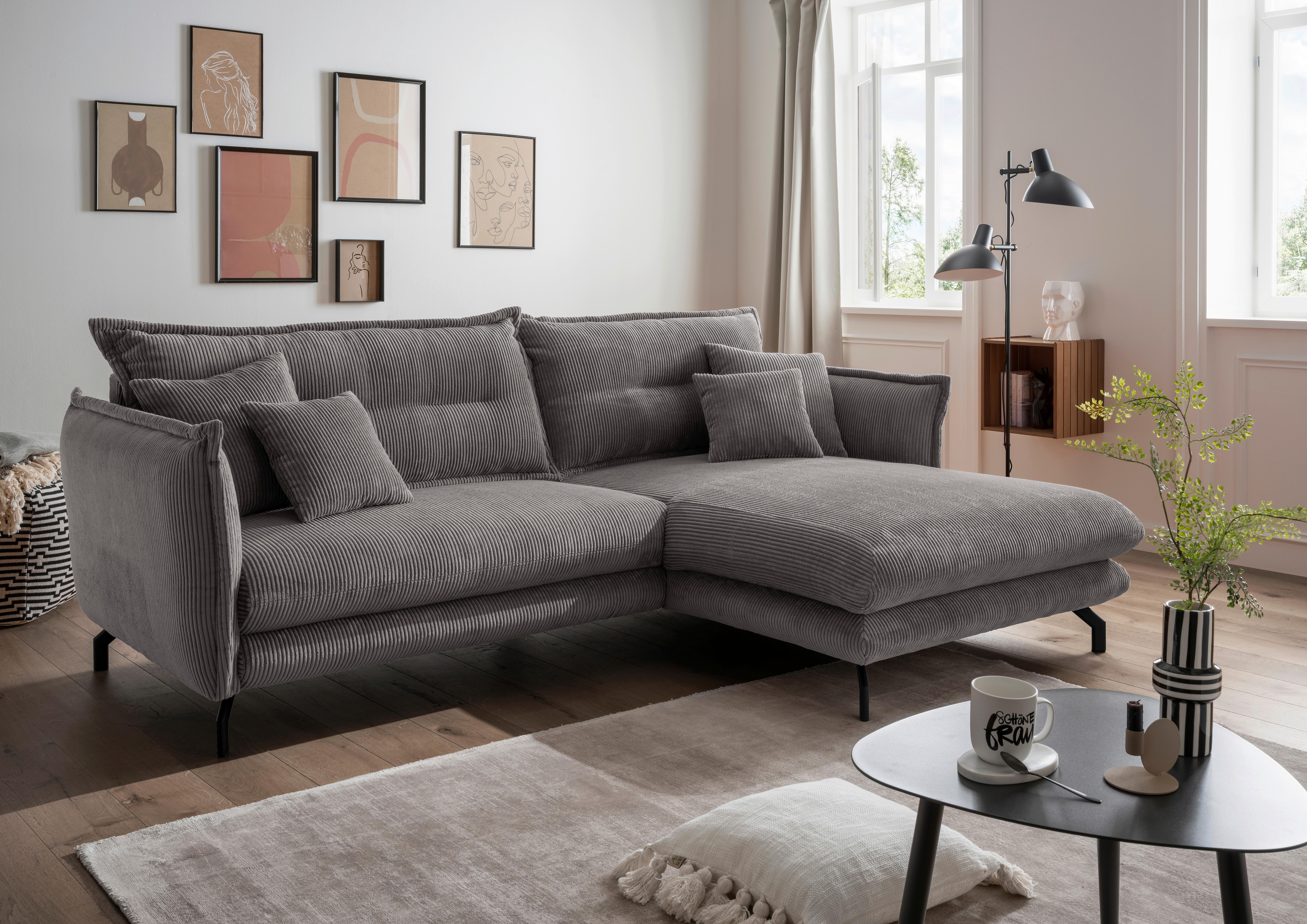 Wohnlandschaft Lava Grau Cord - Schwarz/Grau, MODERN, Textil/Metall (255/180cm) - Livetastic