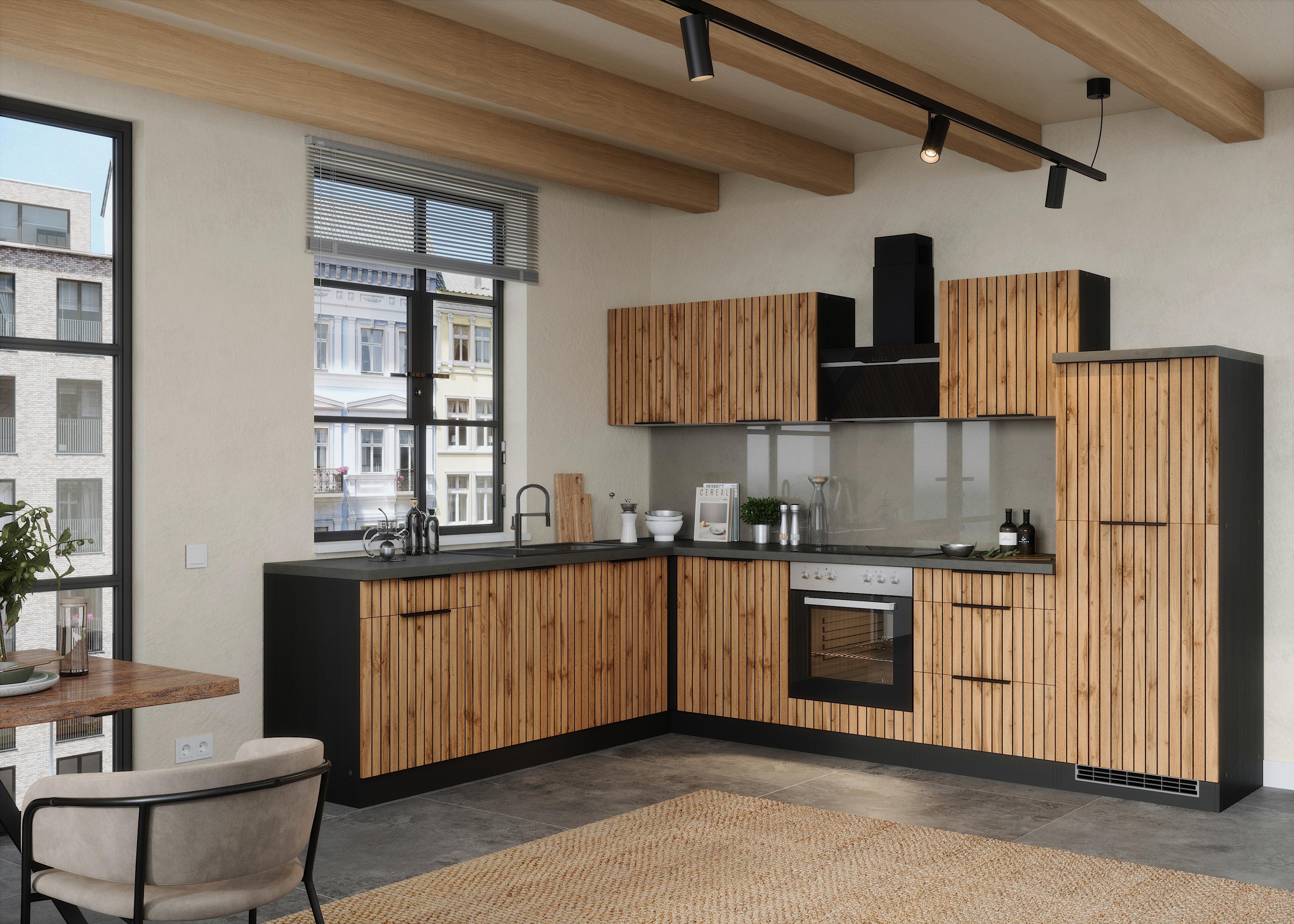 Eckküche Liverpool o. Geräte ca. 300x240cm Eiche Wotan - Schieferfarben/Eiche Wotan, Basics, Holzwerkstoff/Metall (300/240cm) - Held