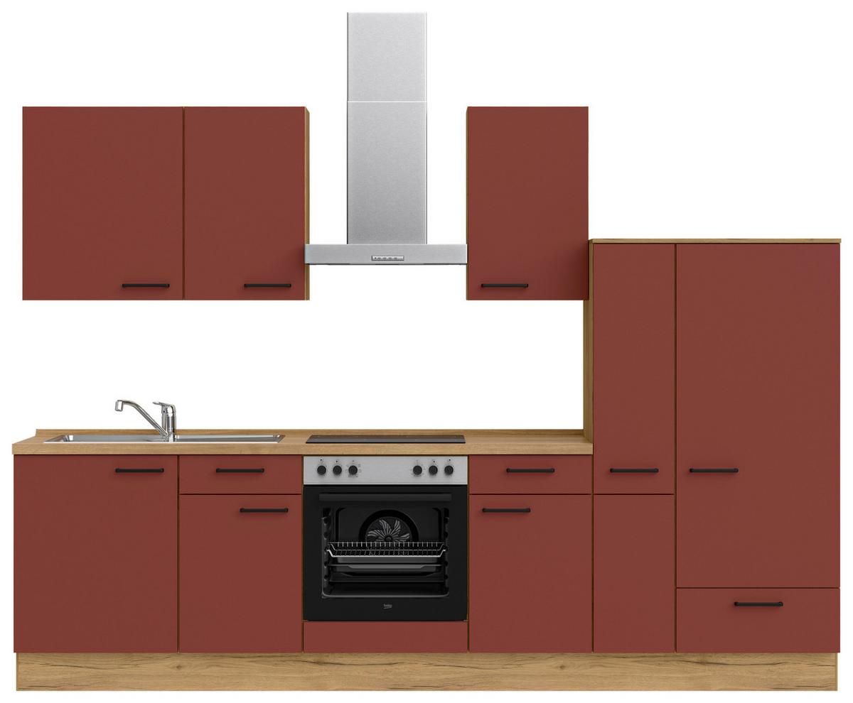 Küchenblock Easytouch Low m. Geräten Dunkelrot - Eichefarben/Schwarz, MODERN, Holzwerkstoff/Metall (300cm) - Nobilia