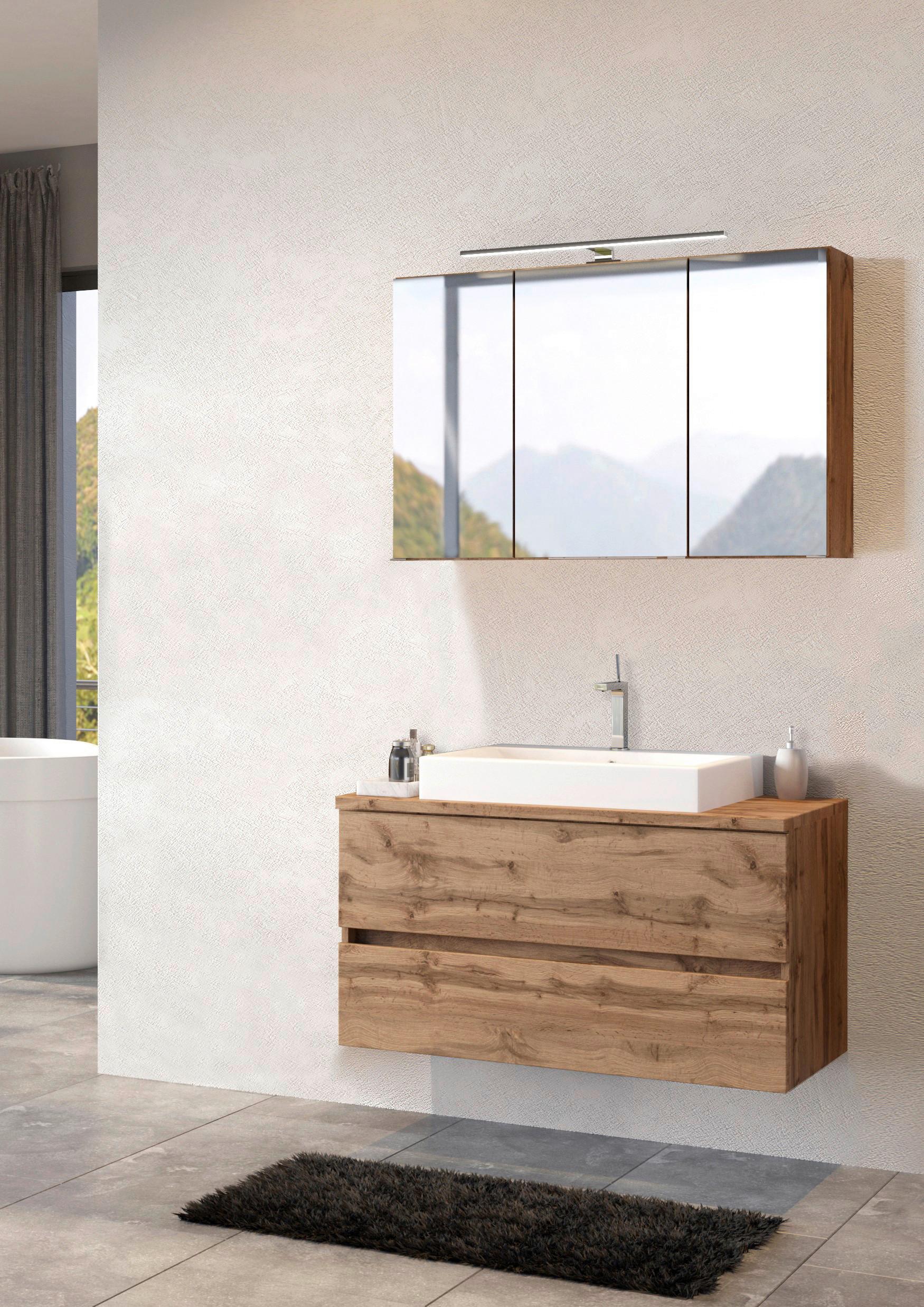 Badezimmer Pienza mit LED 3-türig ca. 100 cm Eiche Wotan - Eiche Wotan/Weiß, MODERN, Keramik/Holzwerkstoff (100cm) - Held