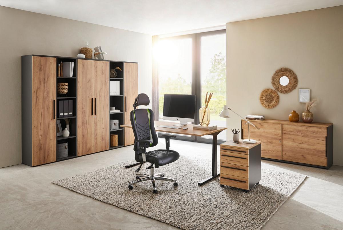 KONTENER NA KÓŁKACH RENTON - kolor dębowy/czarny, Modern, materiał drewnopochodny/tworzywo sztuczne (42/61/49cm) - Novel