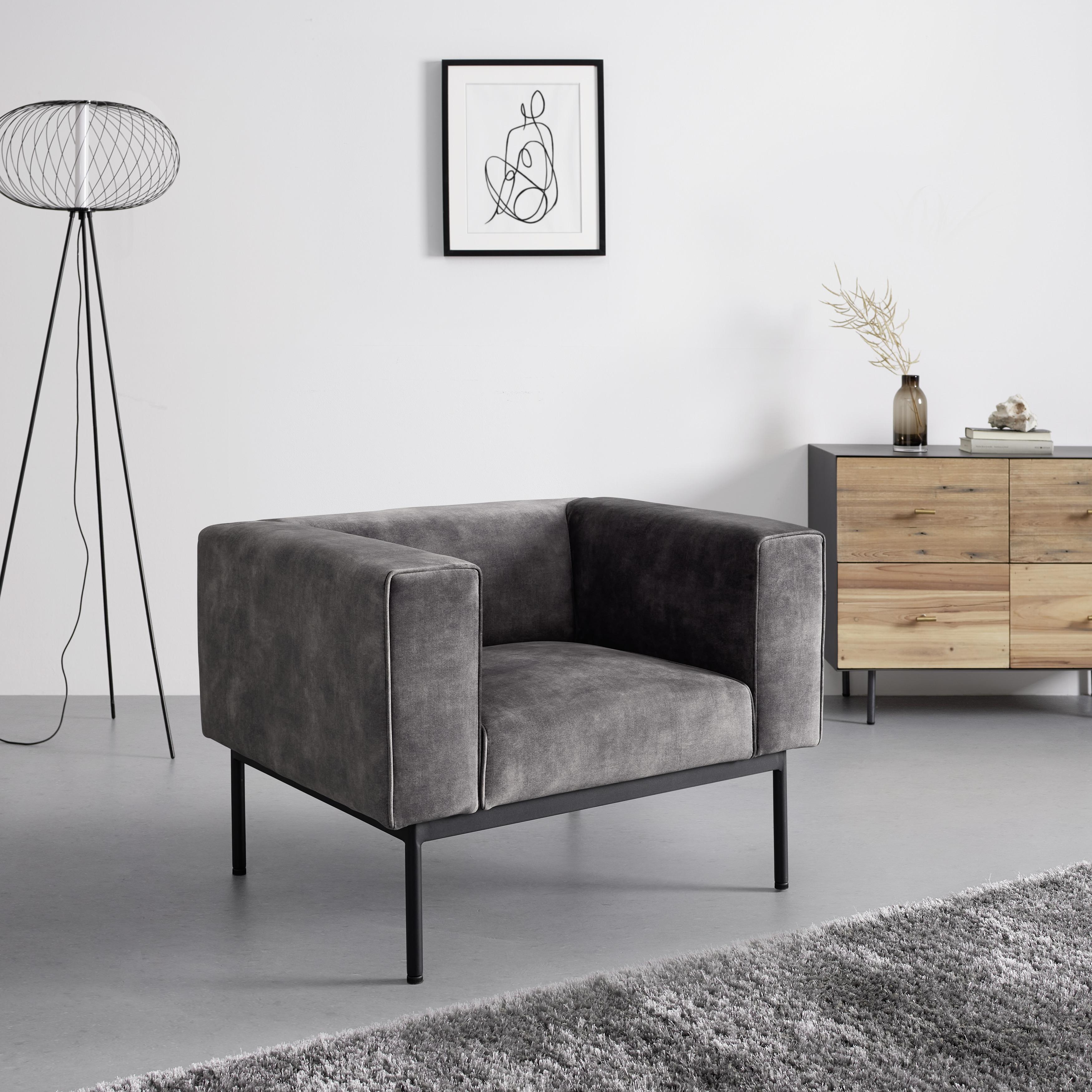 Sessel, dunkelgrau, "Modu", Samt - Dunkelgrau/Schwarz, MODERN, Holz/Textil (92/76/63cm) - Bessagi Home