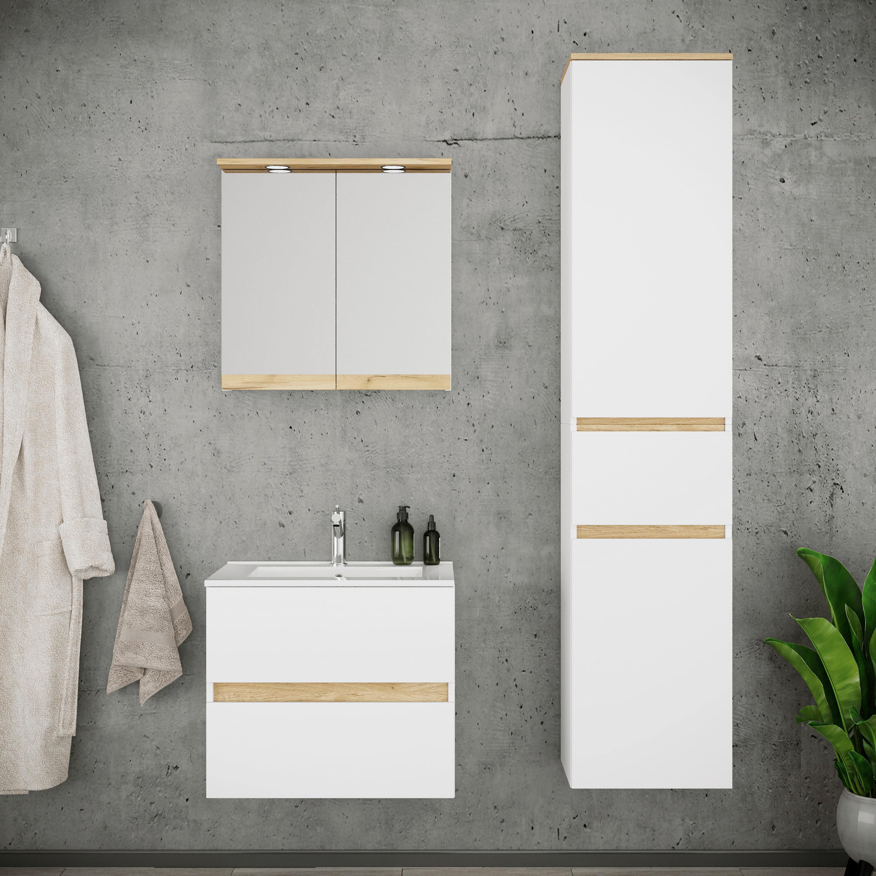 Badezimmer Cosila - Honigeiche/Weiss, Trend, Keramik/Holzwerkstoff (101cm) - MID.YOU
