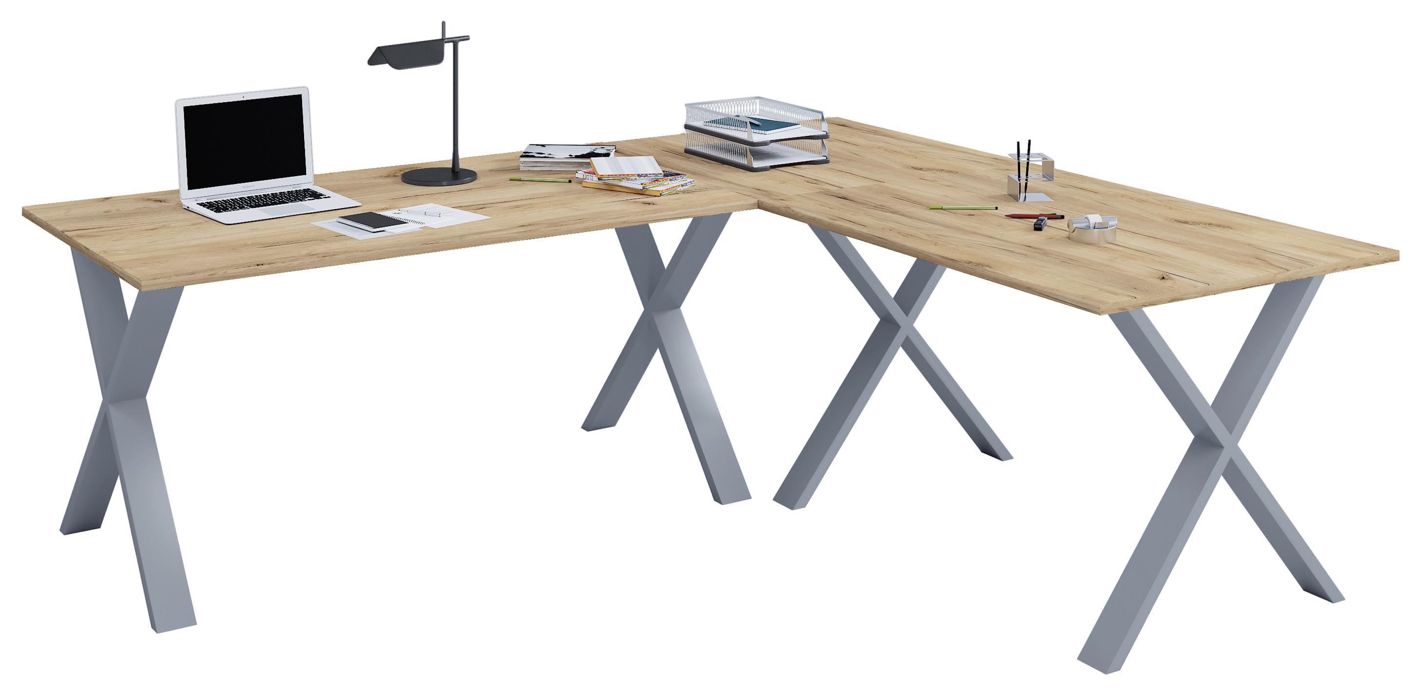Kotna Pisalna Miza Lona, Barva Hrasta, Srebrna, 160x160cm - srebrne barve/medeni hrast, Moderno, kovina/leseni material (160/160/76cm) - MID.YOU