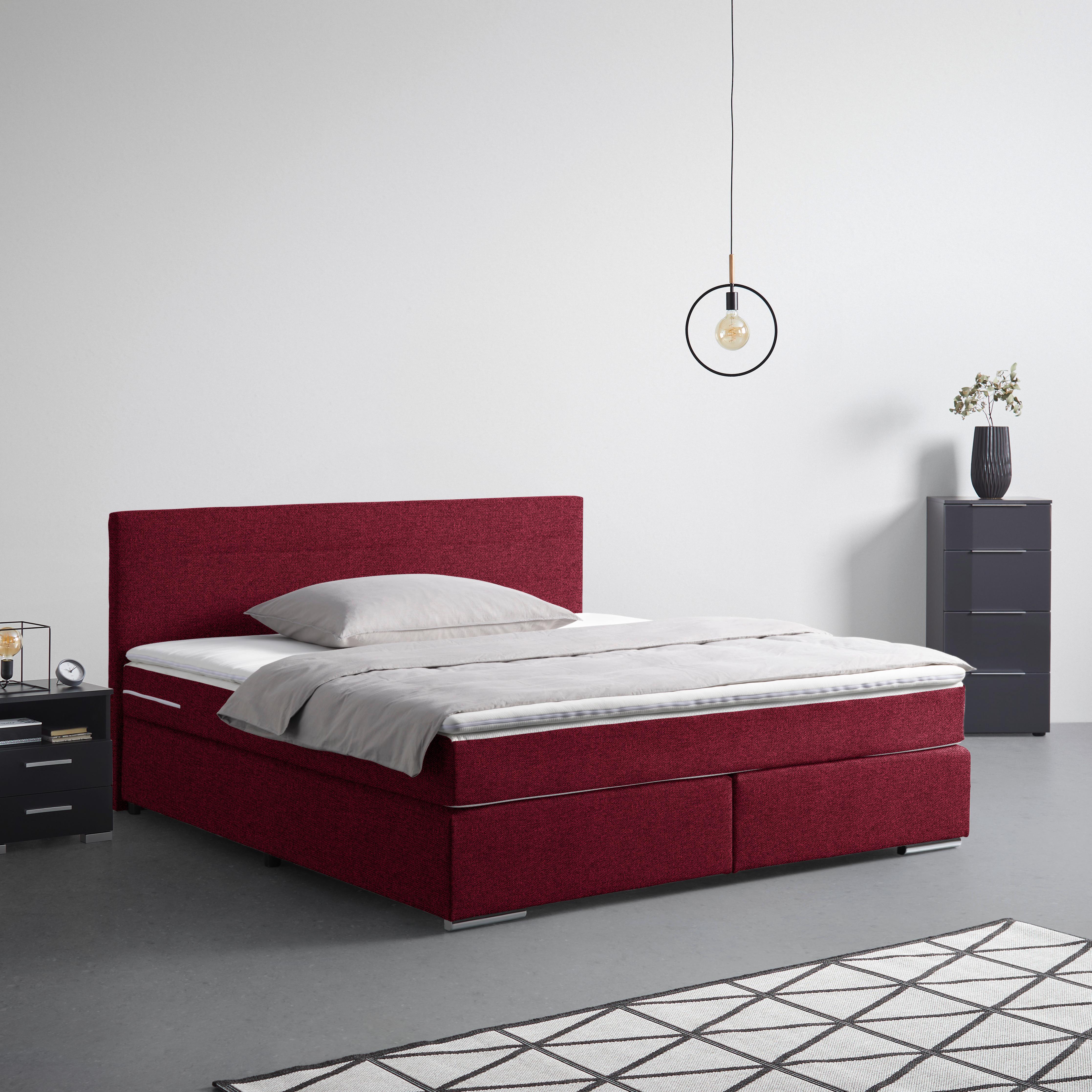 Boxspringbett Palermo in Weinrot ca. 180x200cm - Chromfarben/Weinrot, KONVENTIONELL, Kunststoff/Textil (180/200cm) - Based