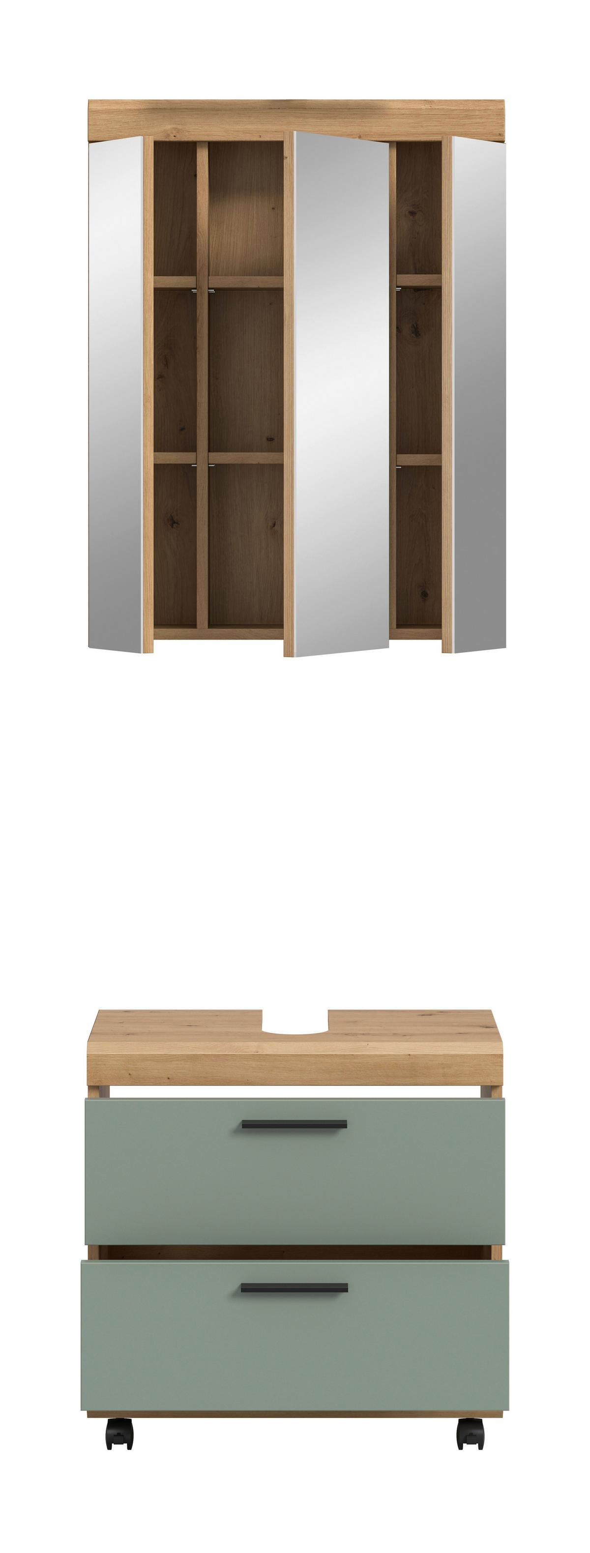 Badezimmer Scout Salbeigrün /Eiche Artisan 2-teilig - Salbeigrün/Schwarz, Trend, Glas/Holzwerkstoff (60cm) - MID.YOU