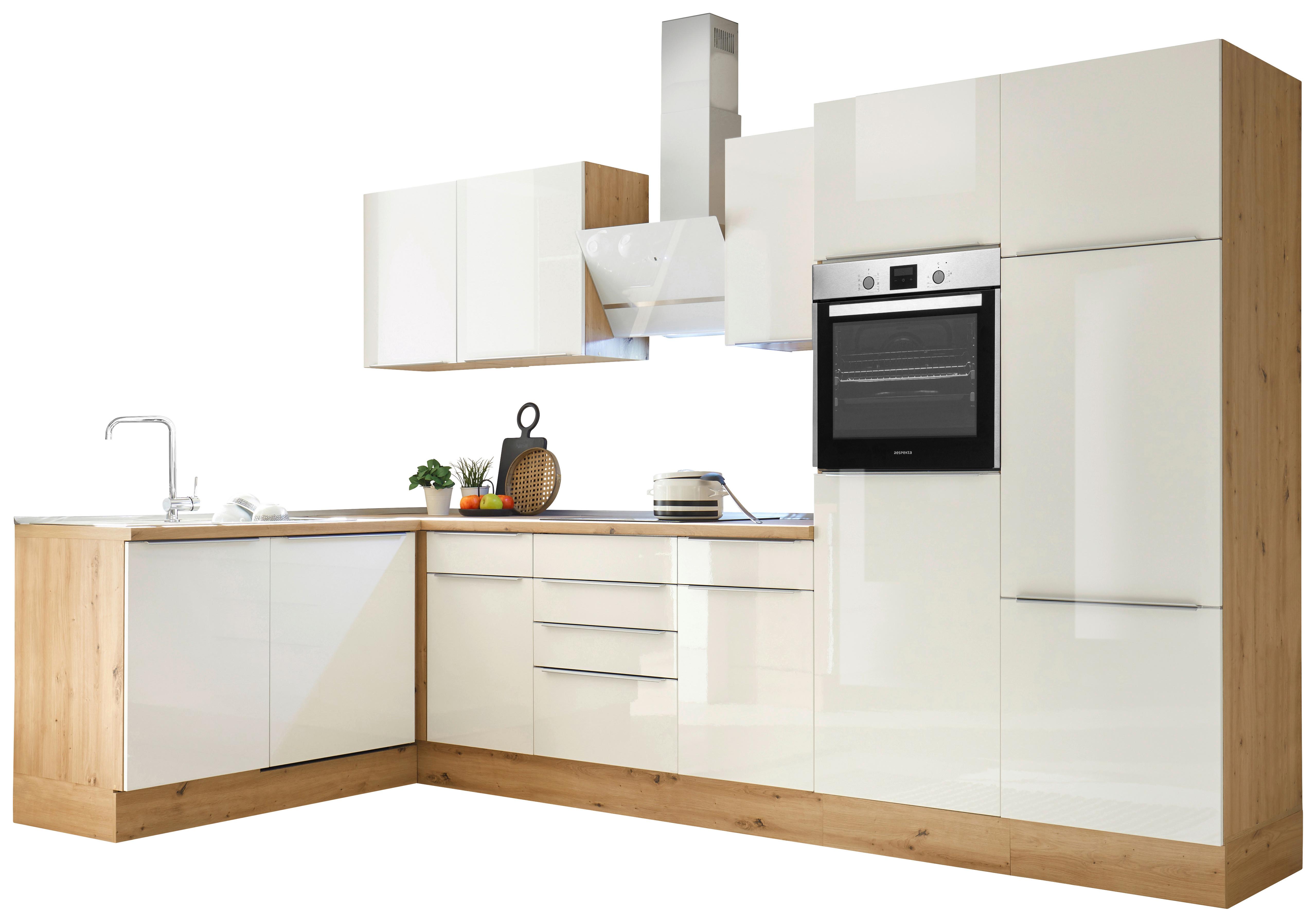 Eckküche Marleen mit Geräten Weiß/Eiche ca. 340x170 cm - Weiß Hochglanz/Alufarben, LIFESTYLE, Holzwerkstoff/Kunststoff (170/340cm) - Respekta