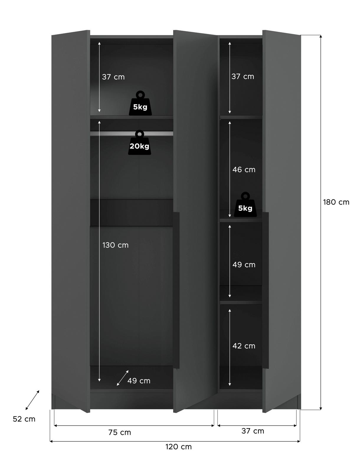 Drehtürenschrank KOPENHAGEN ca.120x181x52cm Anthrazit - Anthrazit/Schwarz, MODERN, Holzwerkstoff/Kunststoff (120/181/52cm) - MID.YOU