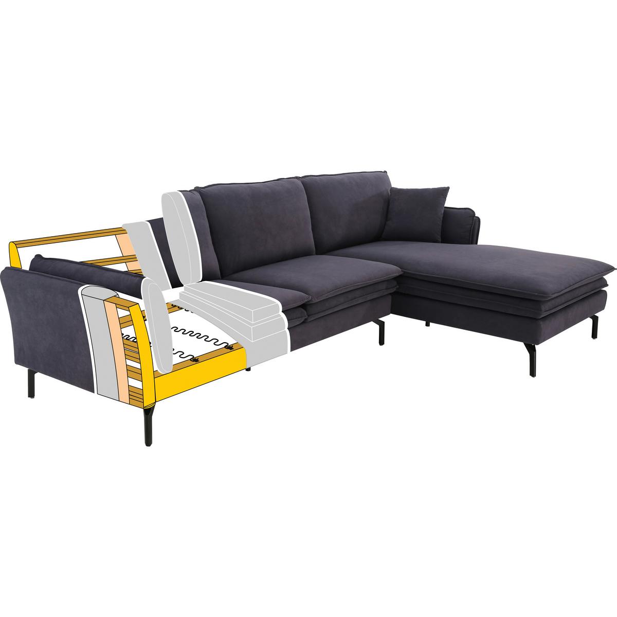canapé d'angle in Grau Samt - gris/noir, Modern, métal/textile (296/86/170cm) - Bessagi Home