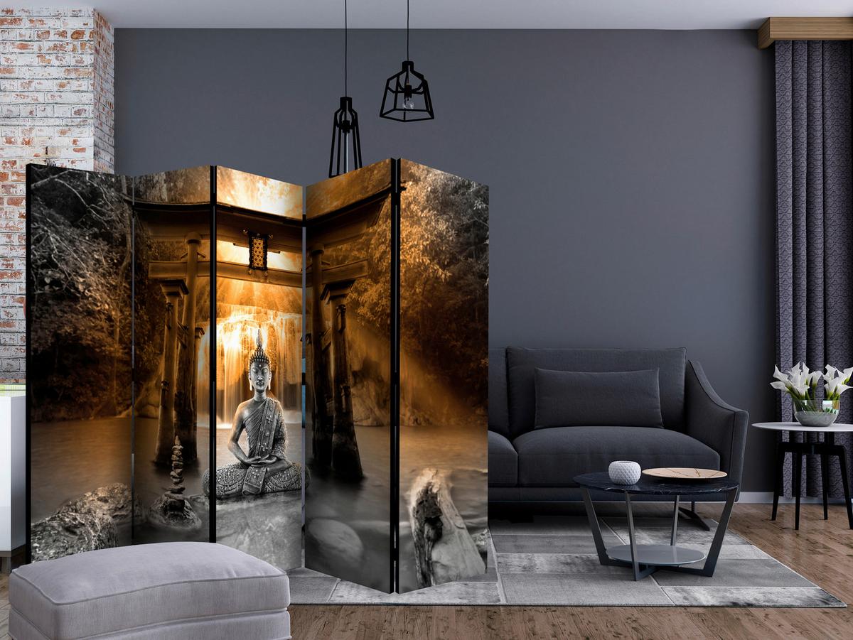 Paravan Buddha Smile I, 5-Delni, Dvostranski - siva/oranžna, Basics, tekstil/les (225/172/3cm) - artgeist