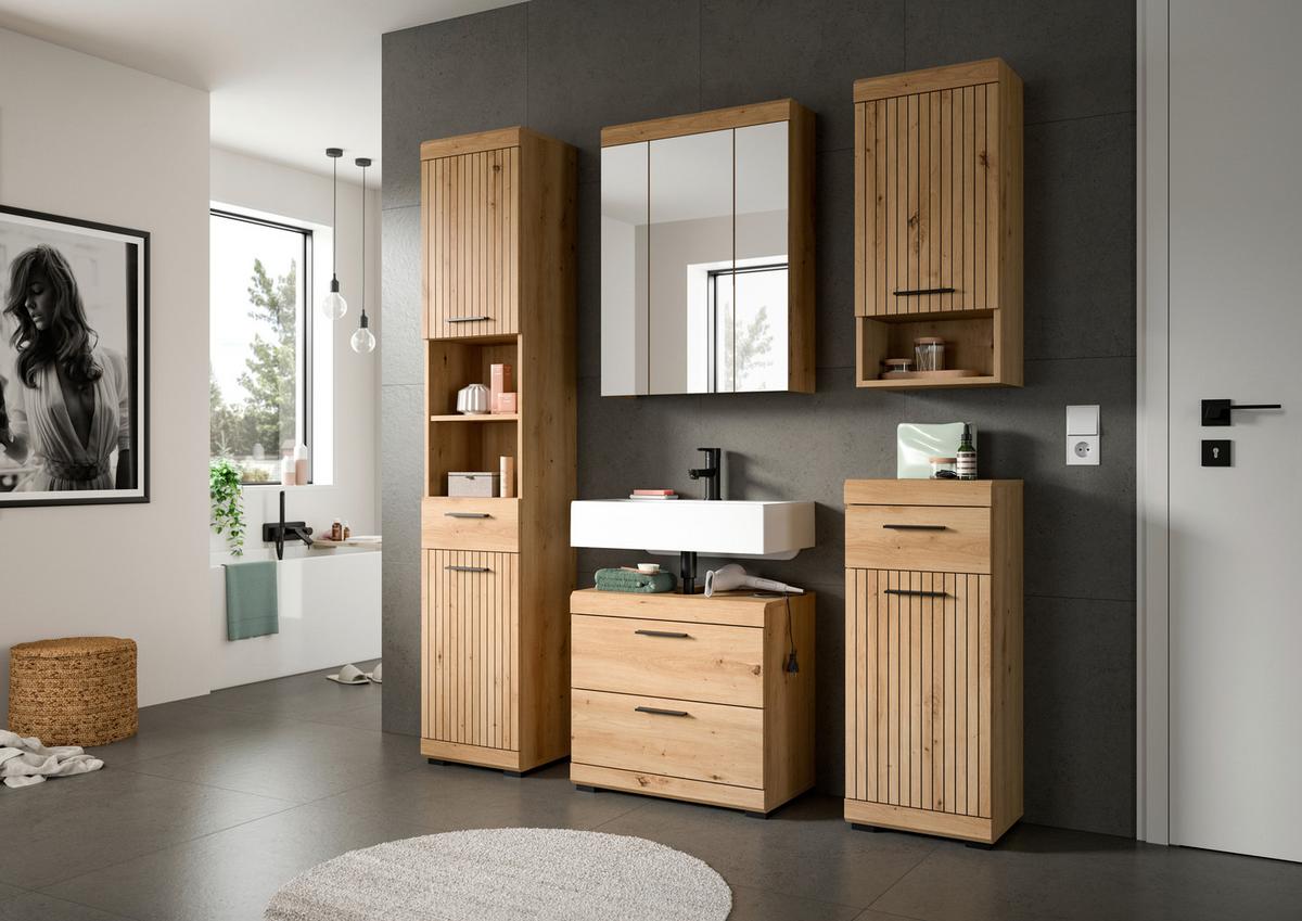 Badezimmer Scout Eiche Artisan 5-teilig - Schwarz/Eiche Artisan, Trend, Glas/Holzwerkstoff (134cm) - MID.YOU