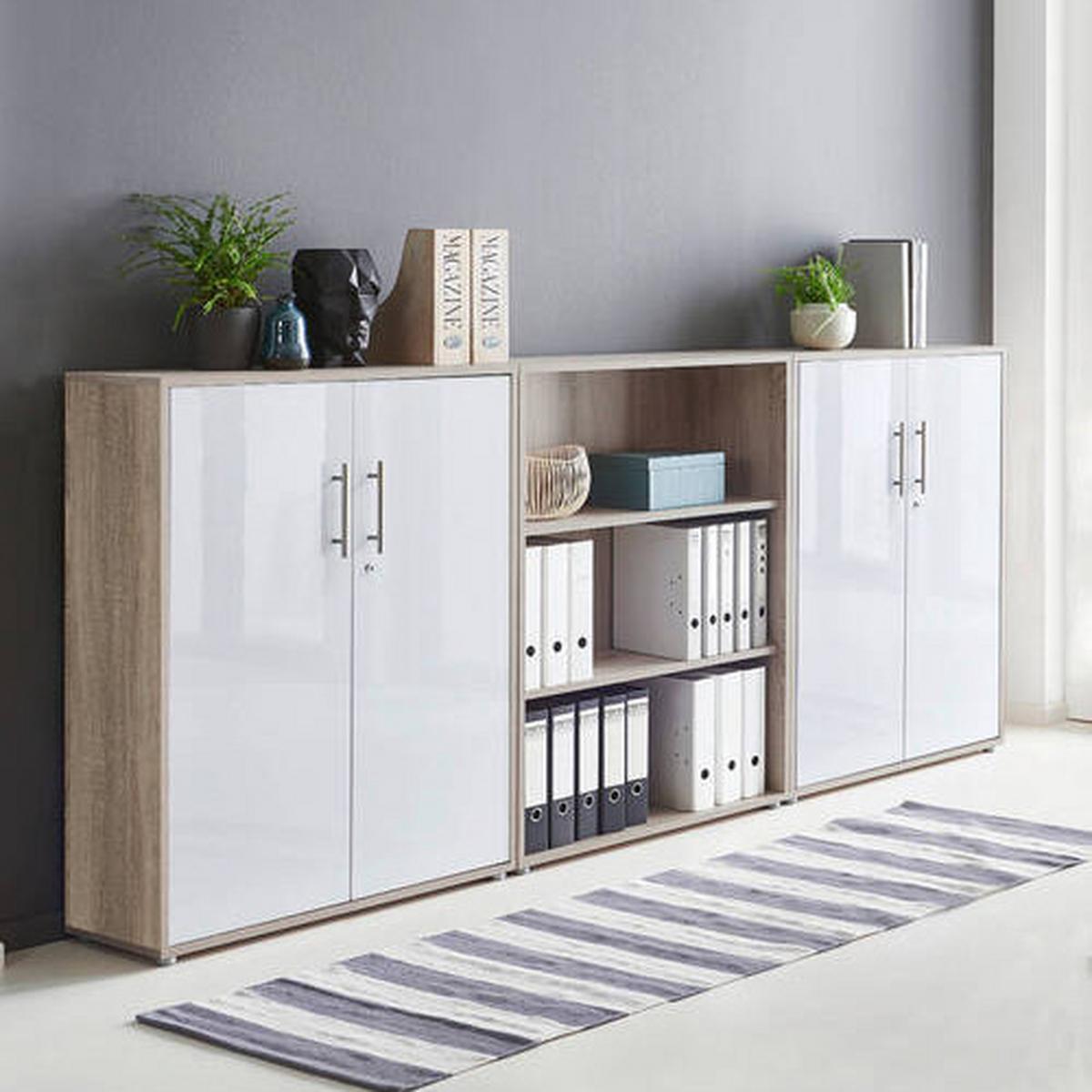 Aktenschrank Office Edition Sw Set 9 Eiche/Weiß - Weiß Hochglanz/Sonoma Eiche, MODERN, Holzwerkstoff (253,2/113,6/33cm) - MID.YOU