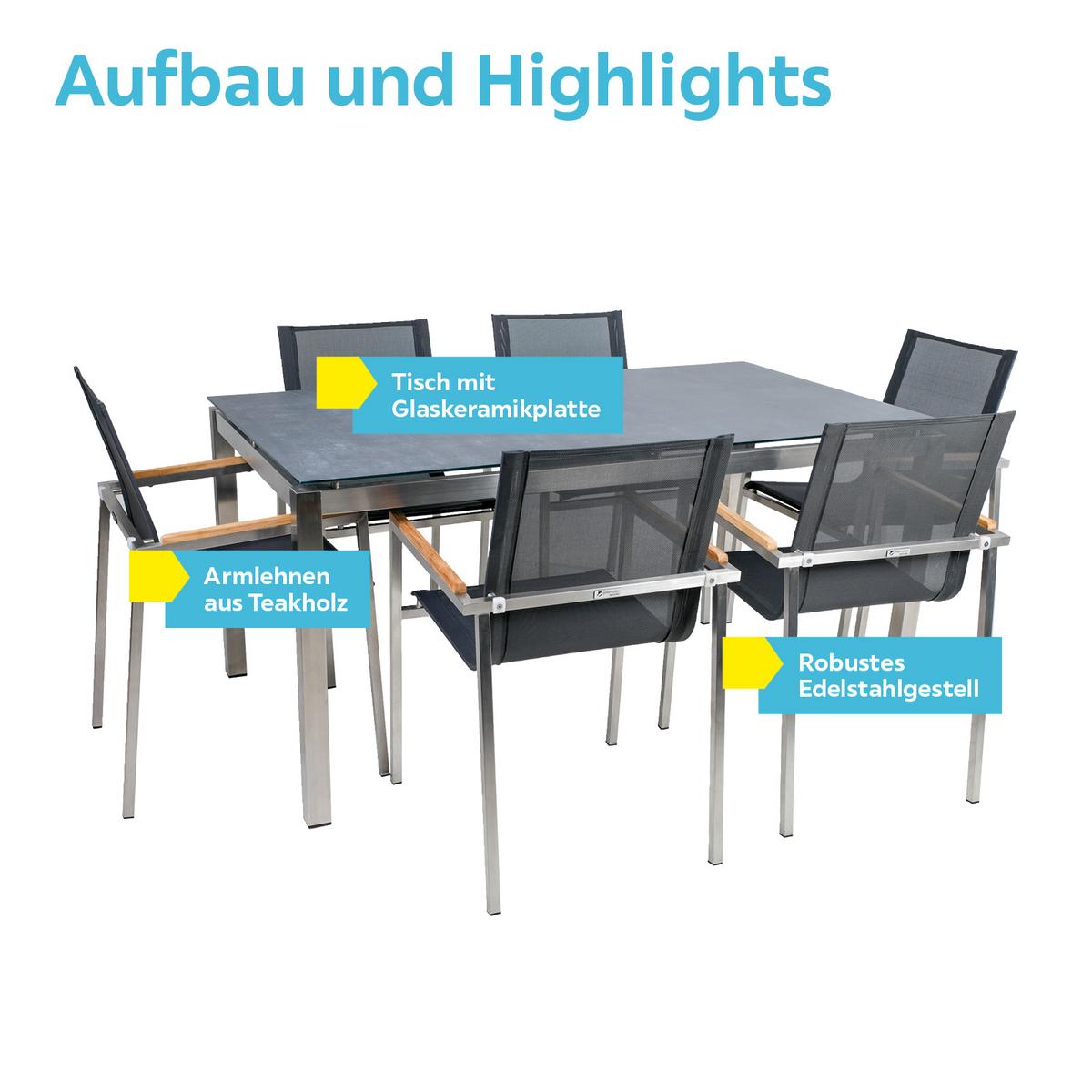 Dining-Loungeset Sydney Grau/Silberfarben - Silberfarben/Grau, Basics, Glas/Holz (160/74/90cm) - Gardenson