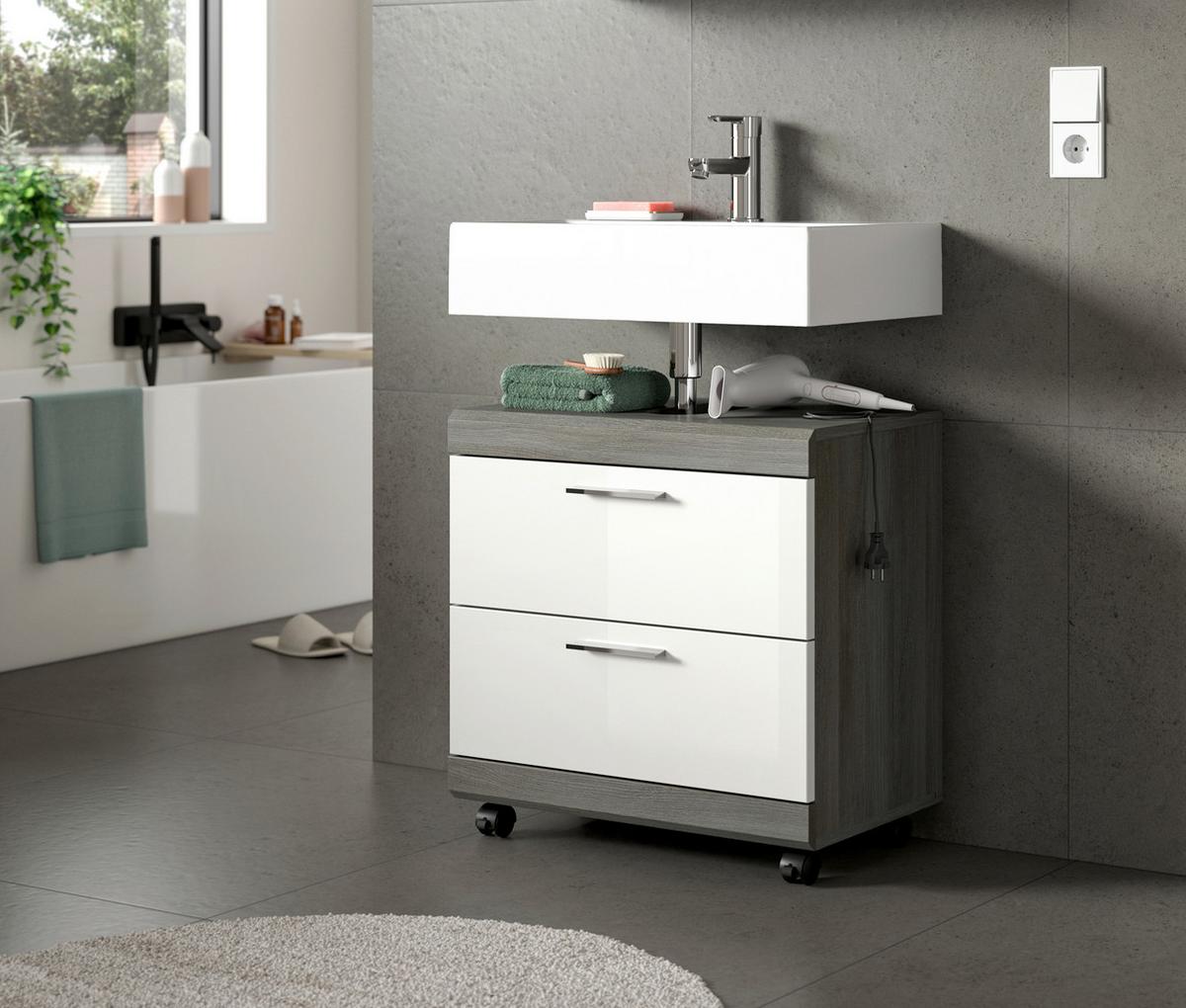 Waschbeckenunterschrank Scout Grau/Weiß Hochglanz - Weiß Hochglanz/Silberfarben, Trend, Holzwerkstoff/Kunststoff (60/60/34cm) - MID.YOU
