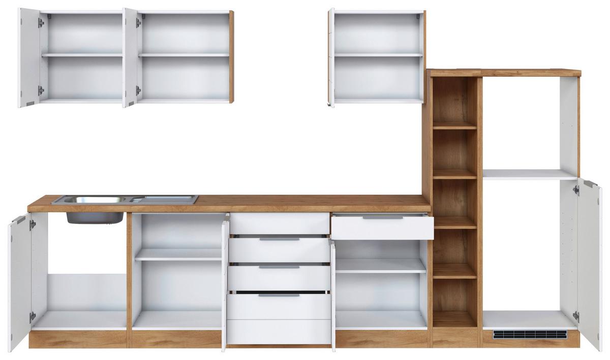 Küchenblock Florenz ohne Geräte ca. 330 cm Weiß/Eiche - Eiche Wotan/Weiß, Design, Holzwerkstoff/Metall (330cm) - Held