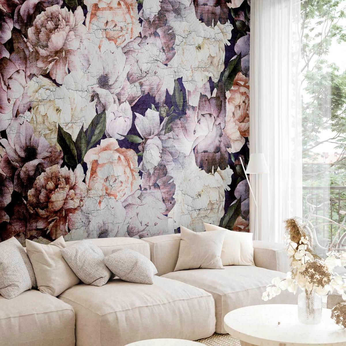 Fototapeta Peonies In A Garden, 100x70cm - lila/krem barve, Trendi, tekstil (100/70cm) - artgeist