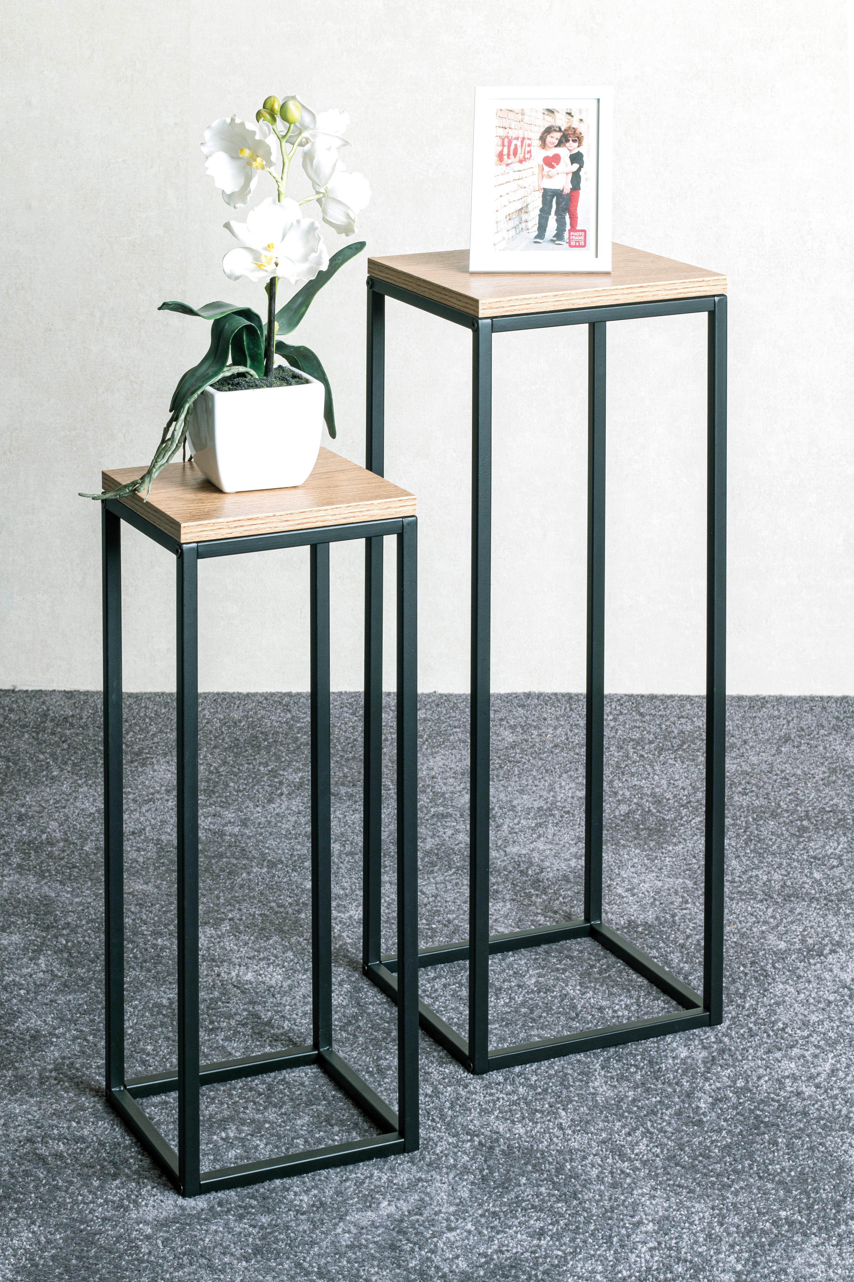 ZESTAW STOLIKÓW BOCZNYCH WATFORD - kolor dębowy/czarny, Trend, materiał drewnopochodny/metal (19-23/19-23/54-67cm)