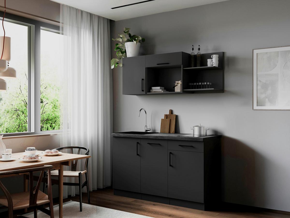 Miniküche Oliver m. Geräten ca. 145cm Grau - Grau, Trend, Holzwerkstoff/Metall (145cm) - Respekta
