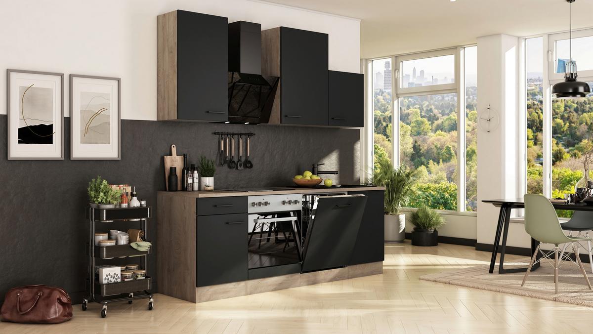 Kuhinjski Blok Z Aparati Capri, Črna, Barva Hrasta - črna/barve hrasta, Basics, kovina/leseni material (220cm) - FlexWell