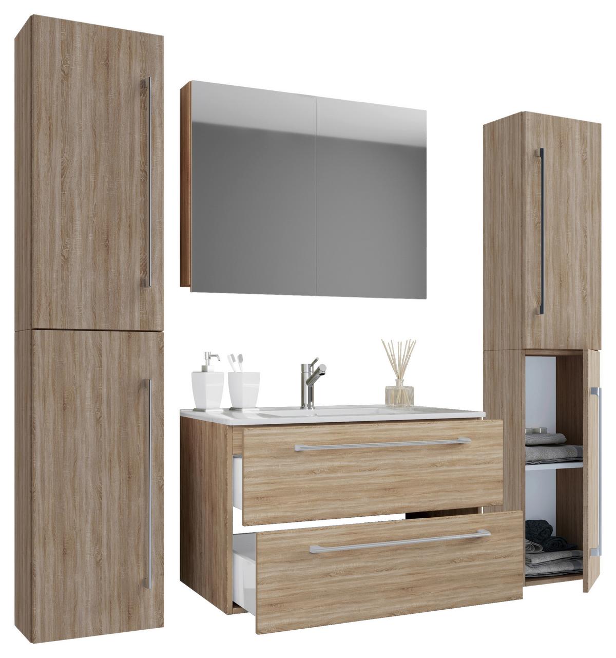 Kopalnica Badinos, Hrast - bela/barve aluminija, Moderno, kovina/leseni material (146cm) - MID.YOU