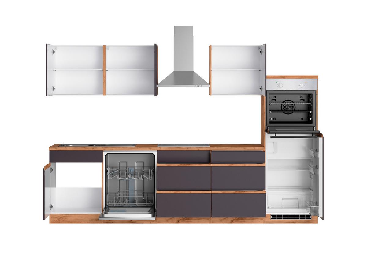 Küchenzeile Turin mit Geräten ca. 300 cm Grau/Eiche - Eiche Wotan/Grau, Design, Holzwerkstoff (300cm) - Held