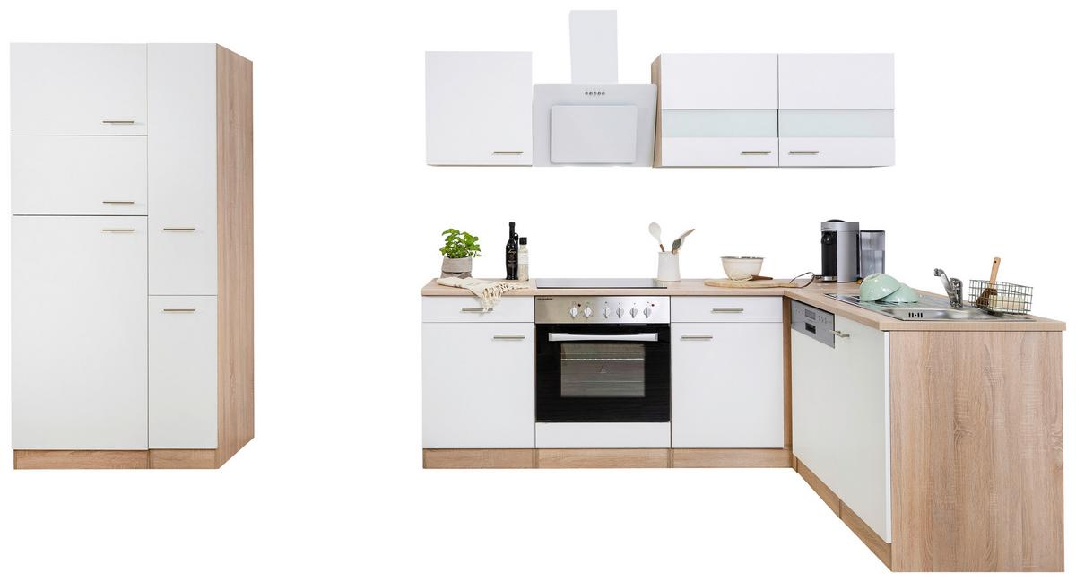 Eckküche Economy Weiß/ Eichefarben ca. 310x200 cm - Edelstahlfarben/Eichefarben, Basics, Holzwerkstoff/Metall (310/200/172cm) - Respekta