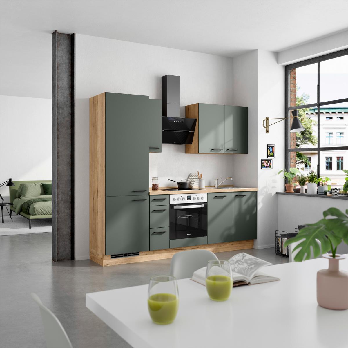 Küchenblock Easytouch High m. Geräten Dunkelgrün - Dunkelgrün/Eichefarben, MODERN, Holzwerkstoff/Metall (240cm) - Nobilia