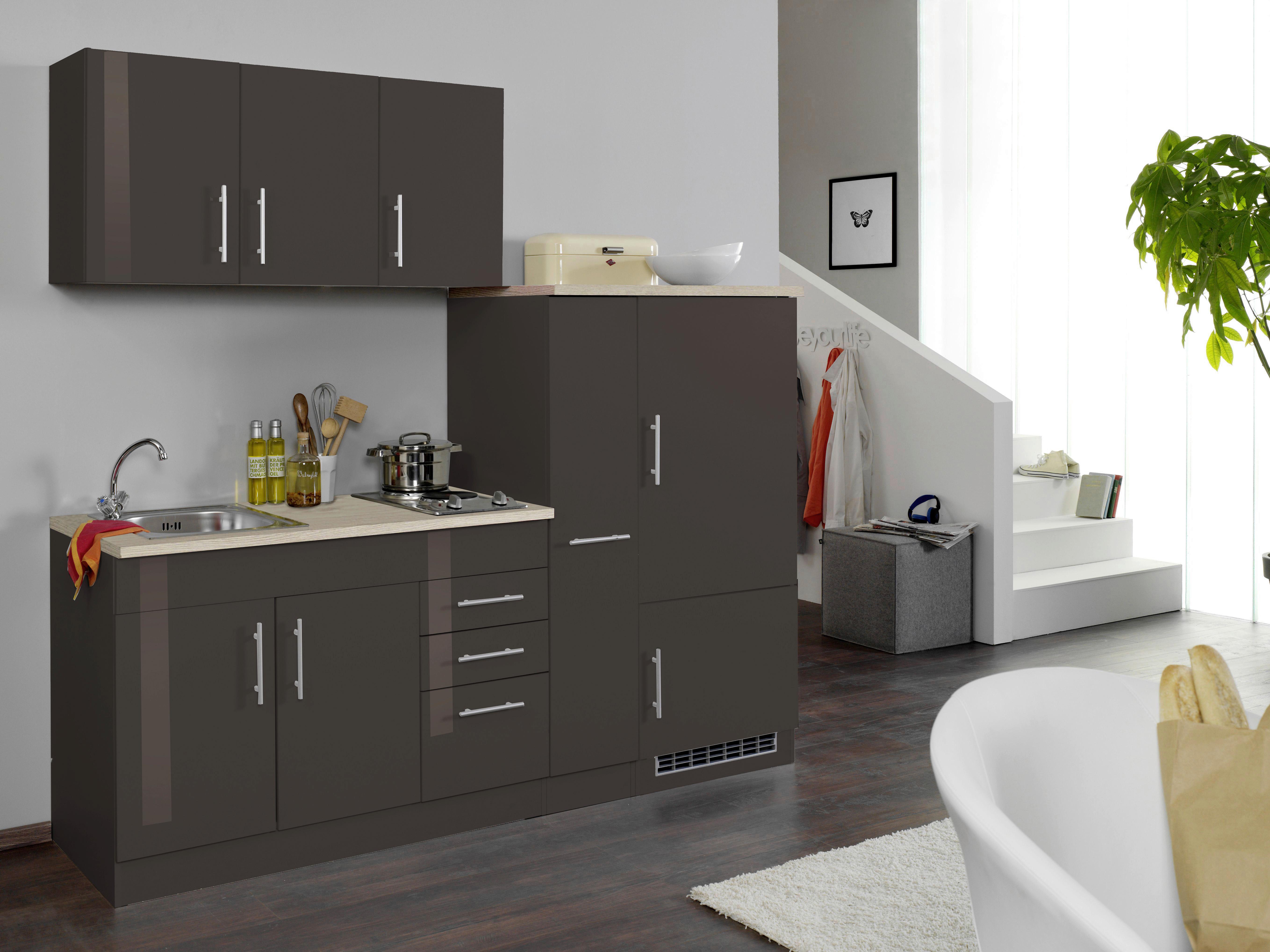 Küchenblock Toronto II m. Geräten Grau Hochglanz - Chromfarben/Grau Hochglanz, MODERN, Holzwerkstoff/Metall (210cm) - Held