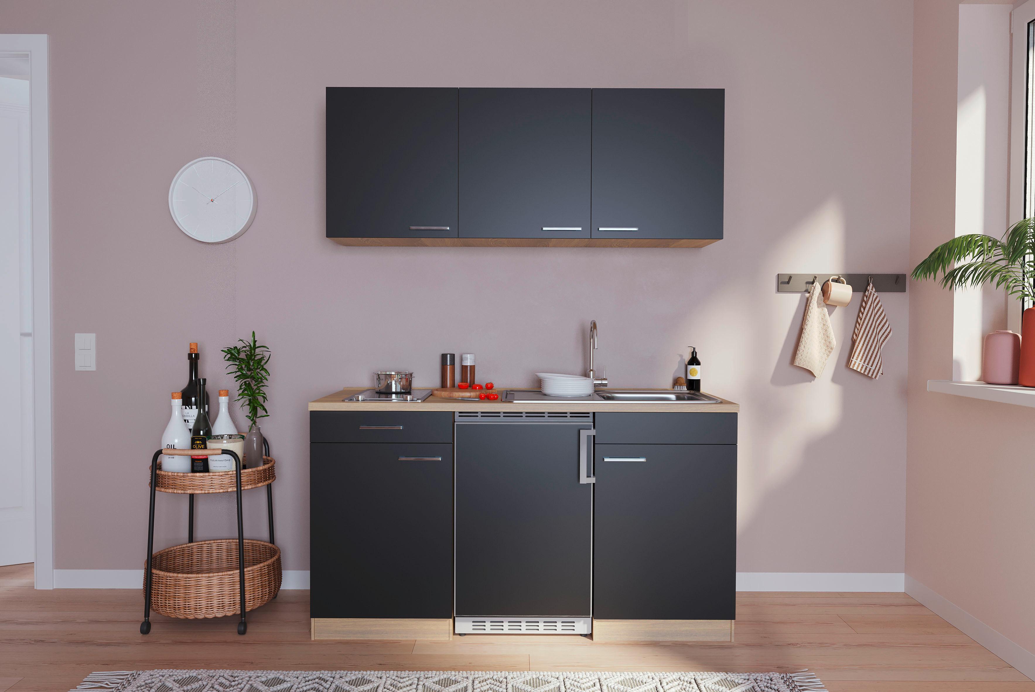 Miniküche Economy m. Geräten B: ca. 150cm Schwarz - Eichefarben/Schwarz, Basics, Holzwerkstoff (150cm) - Respekta
