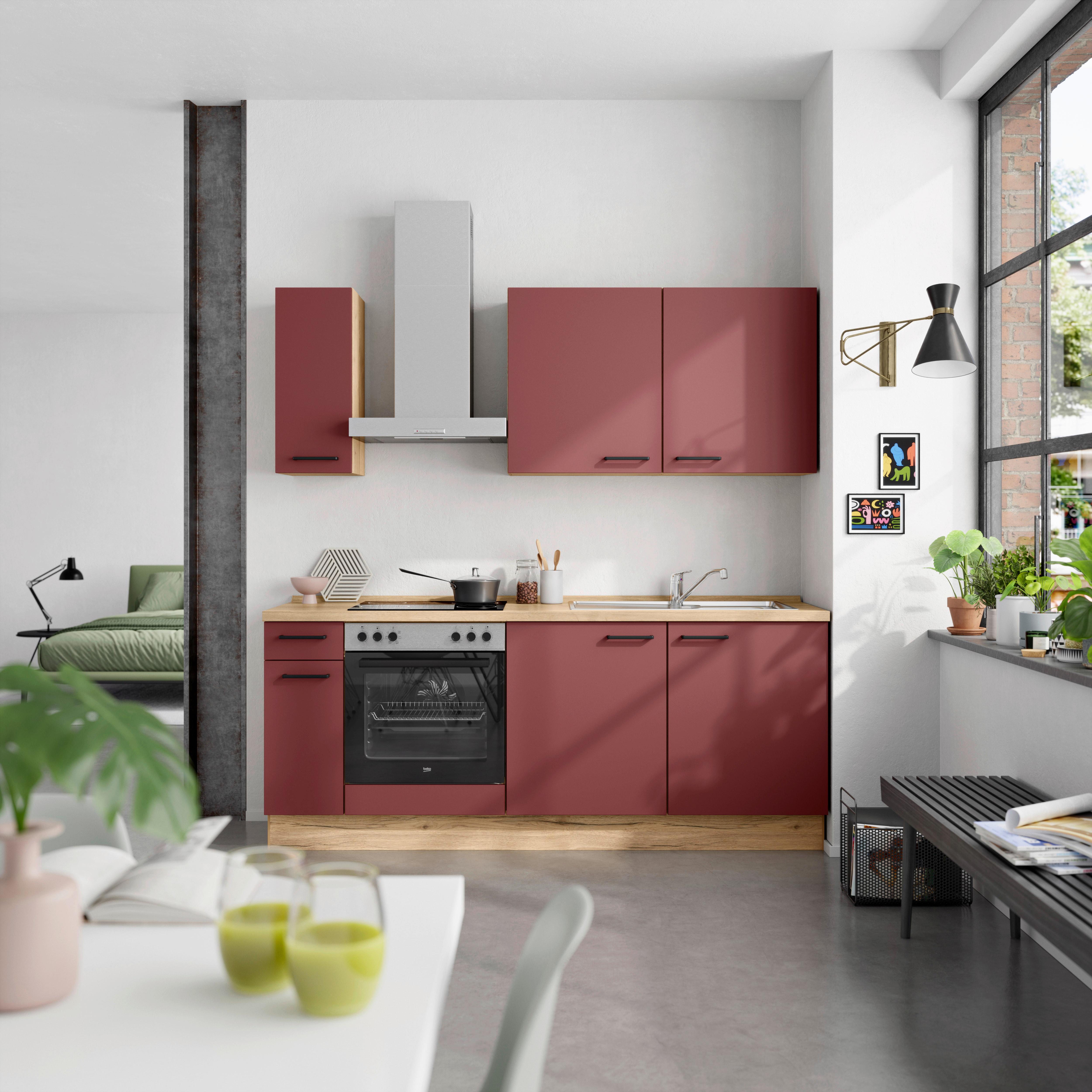 Küchenblock Easytouch Low m. Geräten Dunkelrot - Eichefarben/Schwarz, MODERN, Holzwerkstoff/Metall (210cm) - Nobilia