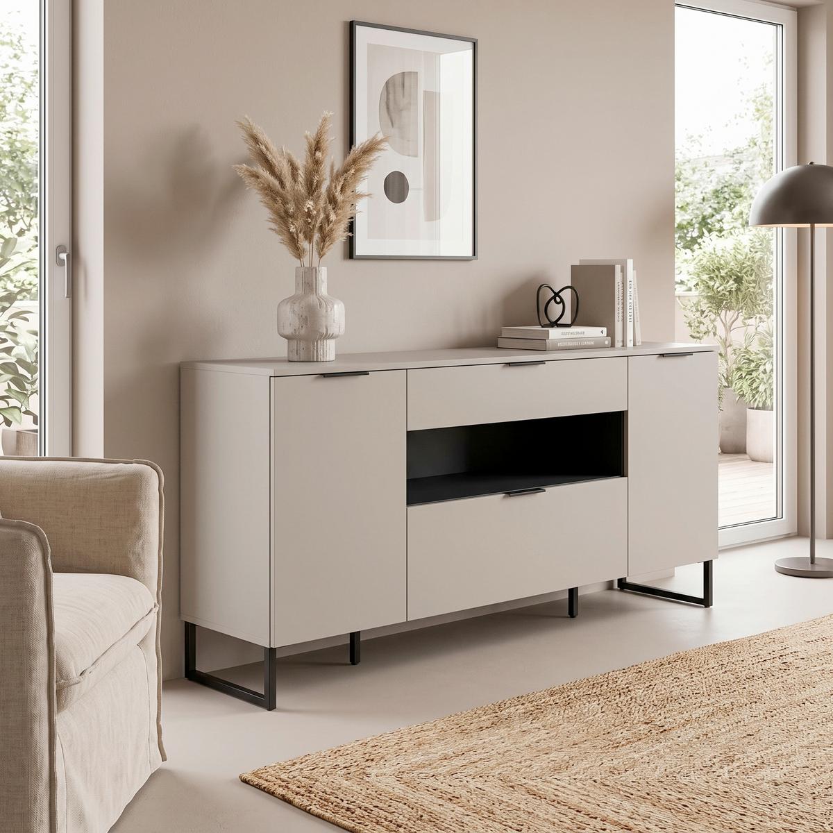 Tálalószekrény Noida - kasmírszínű/fekete, Design, faalapú anyag/fém (185/80/41cm) - Livetastic