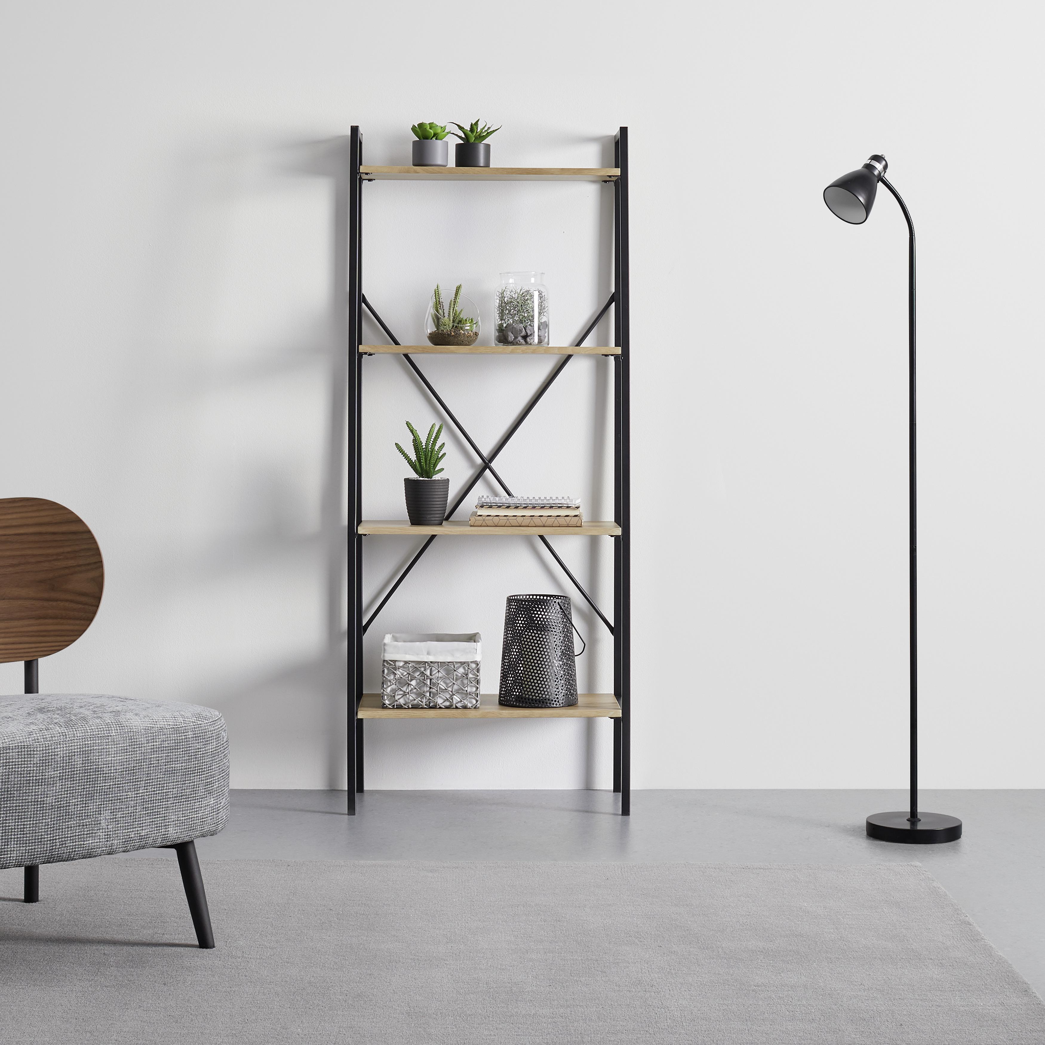 Standregal "Giorgia" aus Metall/Holz - Schwarz/Naturfarben, MODERN, Holz/Metall (60/148/32cm) - Bessagi Home