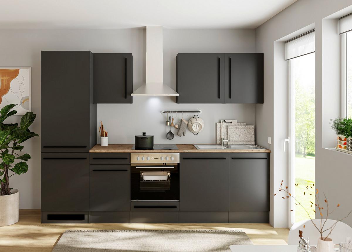 Küchenblock Jazz mit Geräten ca.280cm Schwarz - Eichefarben/Schwarz, LIFESTYLE, Holzwerkstoff/Kunststoff (280cm) - P & B