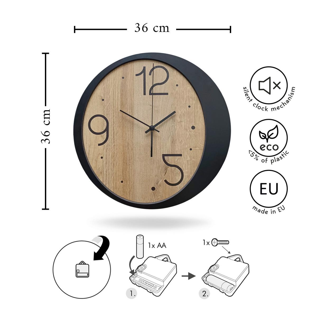 Wanduhr Schwarz/Eichefarben Ø ca. 36cm - Eichefarben/Schwarz, Basics, Holz/Kunststoff (36cm)