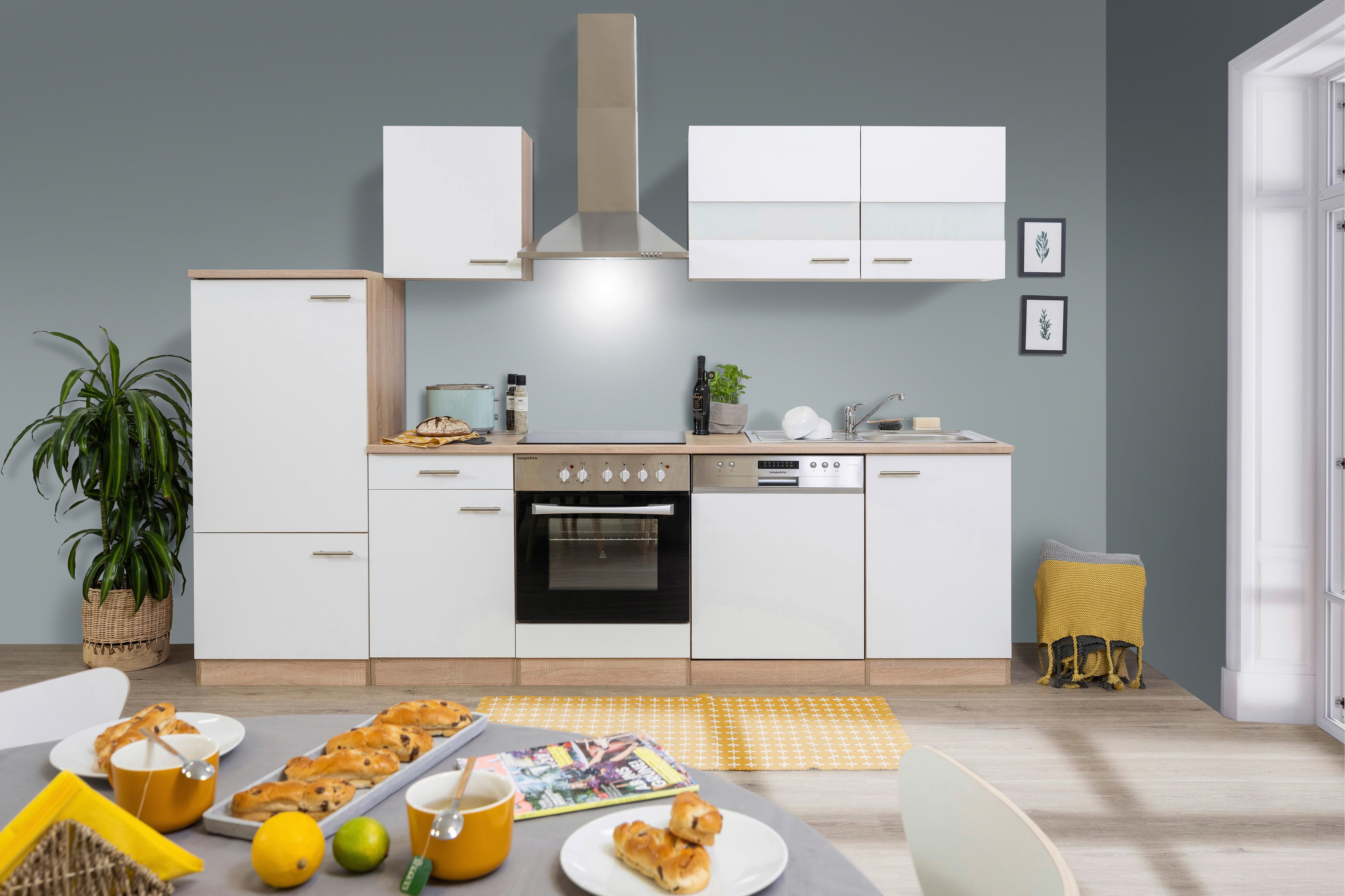 Küchenzeile ohne Geräte Weiß/Eiche B: ca. 280 cm - Eichefarben/Silberfarben, Basics, Holzwerkstoff/Metall (280/200/60cm) - Respekta