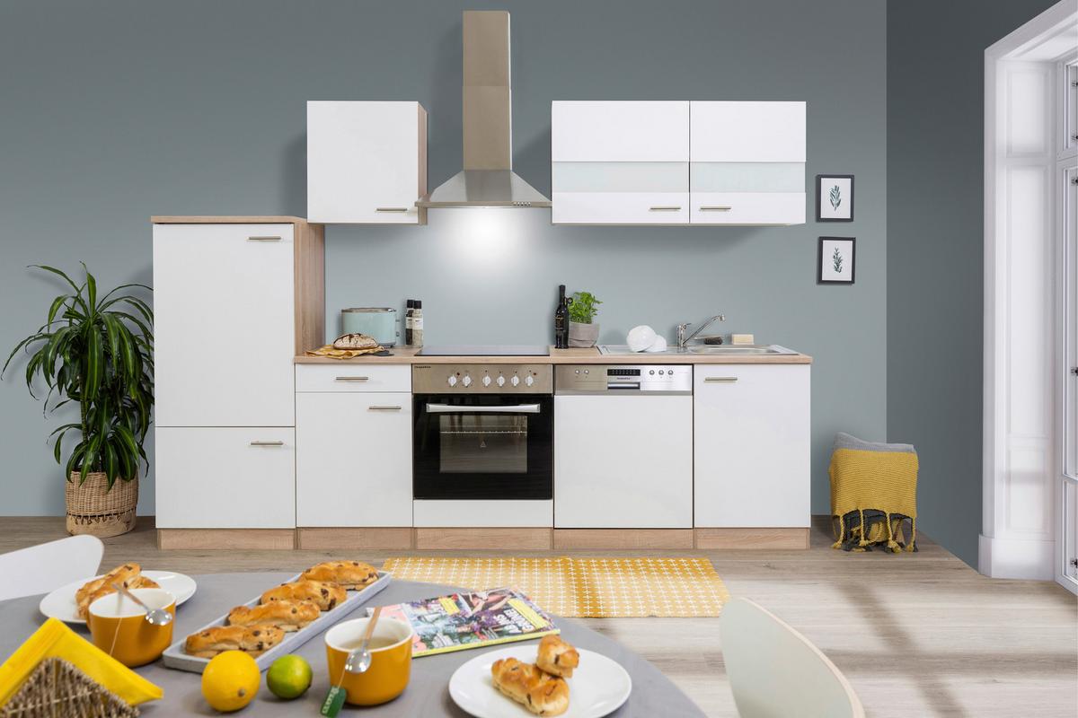 Küchenzeile ohne Geräte Weiß/Eiche B: ca. 280 cm - Eichefarben/Silberfarben, Basics, Holzwerkstoff/Metall (280/200/60cm) - Respekta