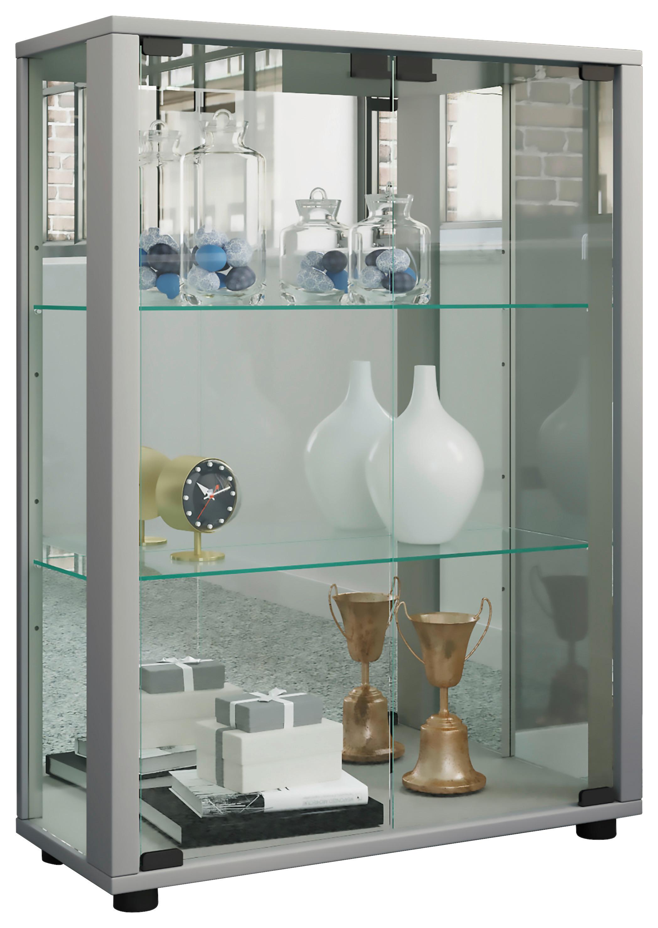 Vitrine Sintalo mit LED ca. 60x80 cm Silber - Silberfarben/Schwarz, MODERN, Glas/Holzwerkstoff (60/80/25cm) - MID.YOU