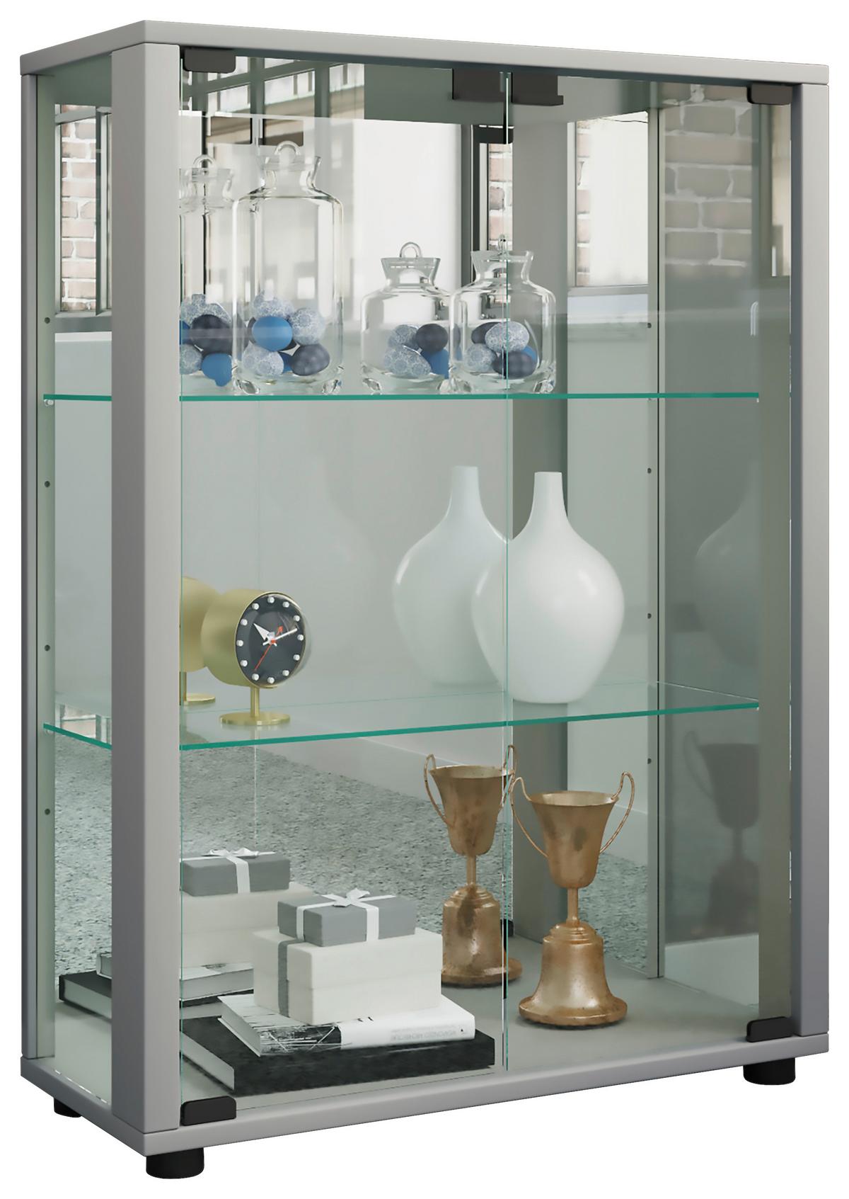 Vitrine Sintalo mit LED ca. 60x80 cm Silber - Silberfarben/Schwarz, MODERN, Glas/Holzwerkstoff (60/80/25cm) - MID.YOU