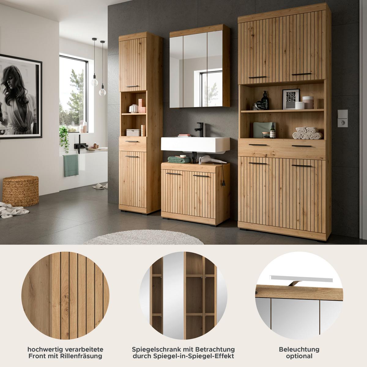 Badezimmer Scout Eiche Artisan 4-teilig - Schwarz/Eiche Artisan, Trend, Glas/Holzwerkstoff (171cm) - MID.YOU