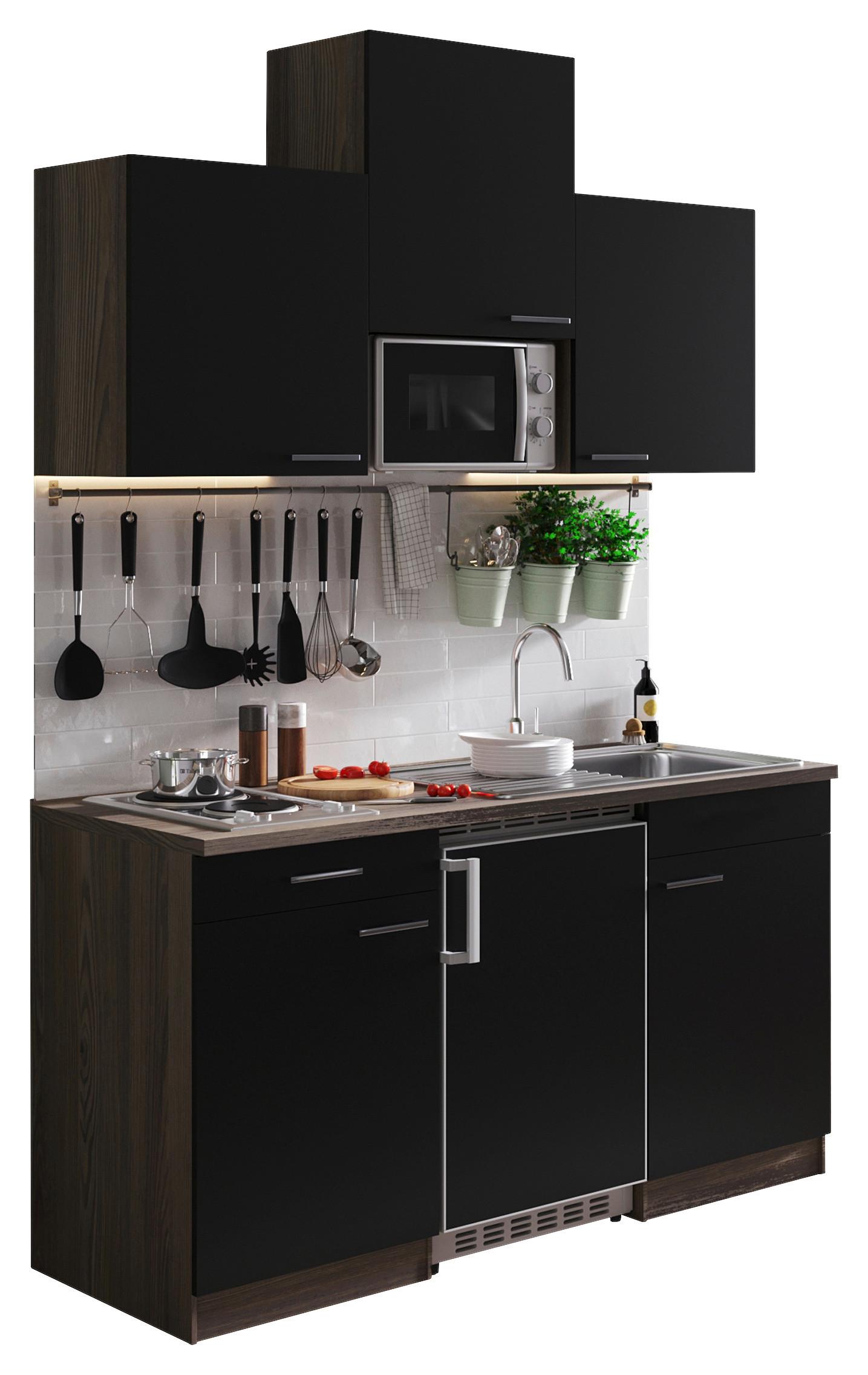 Miniküche Oliver mit Geräten ca. 150 cm Schwarz - Eichefarben/Schwarz, Basics, Holzwerkstoff/Kunststoff (150cm) - Respekta