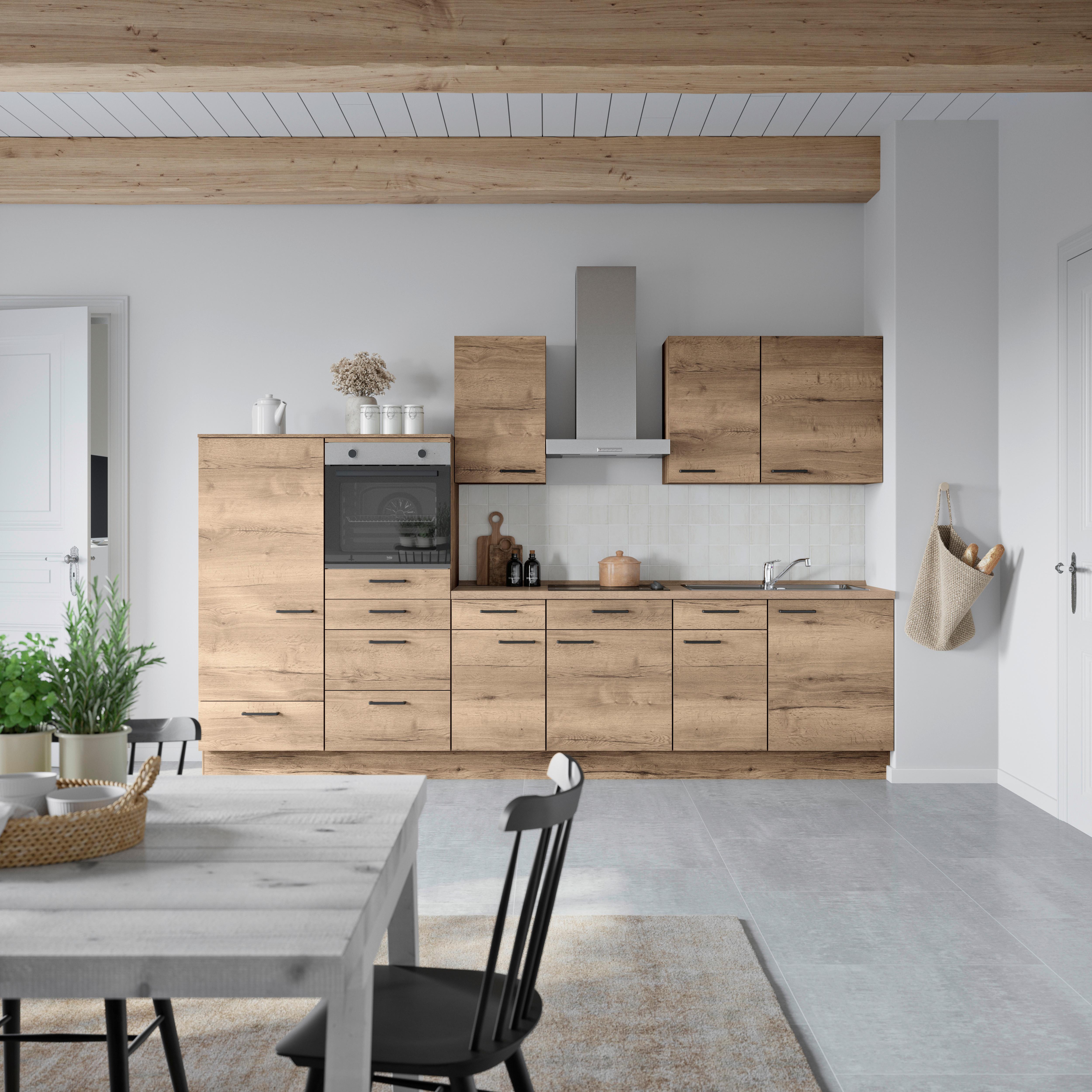 Küchenblock Structura Low m. Geräten Eiche dunkel - Eiche dunkel/Eichefarben, MODERN, Holzwerkstoff/Metall (330cm) - Nobilia