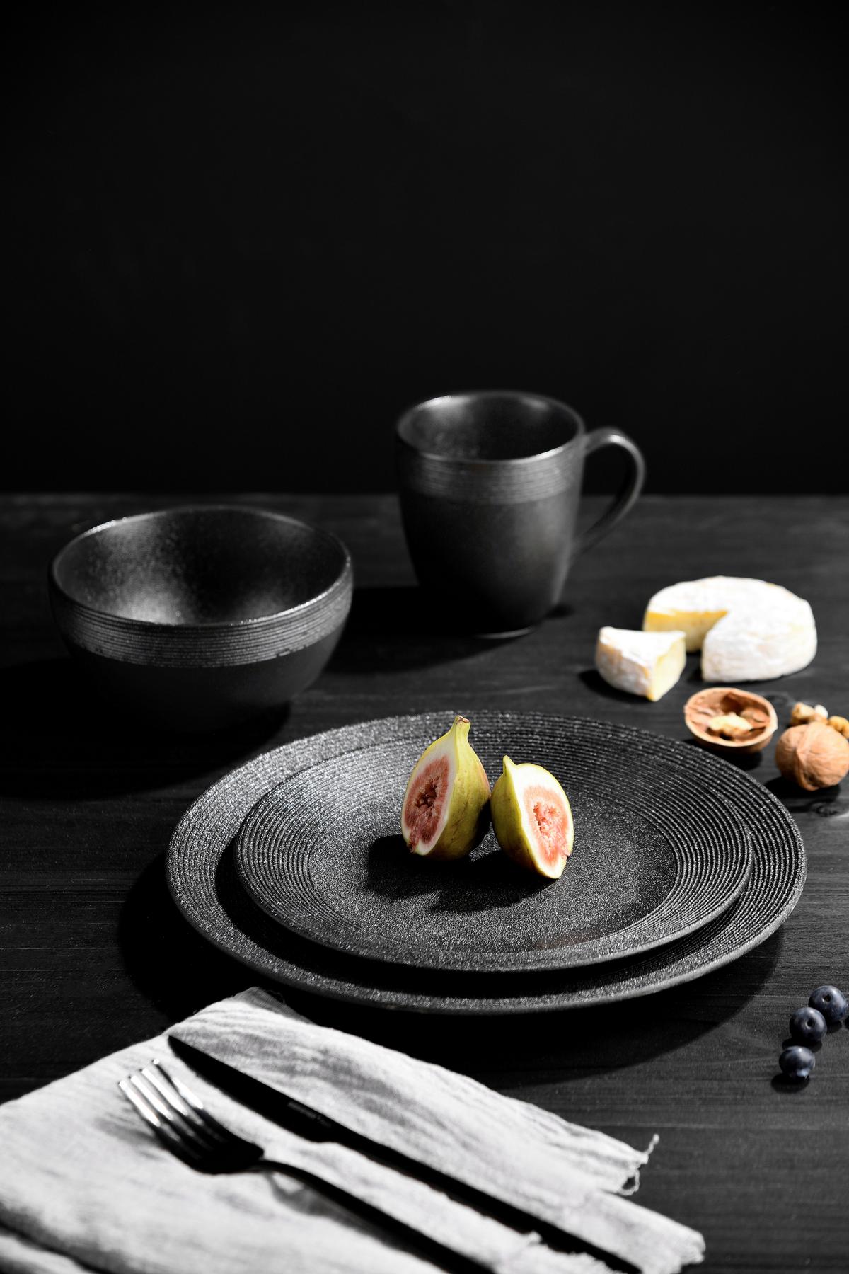 SERWIS OBIADOWO-ŚNIADANIOWY GROOVER - czarny, Lifestyle, ceramika (36.5/33.5/33.5cm) - Novel